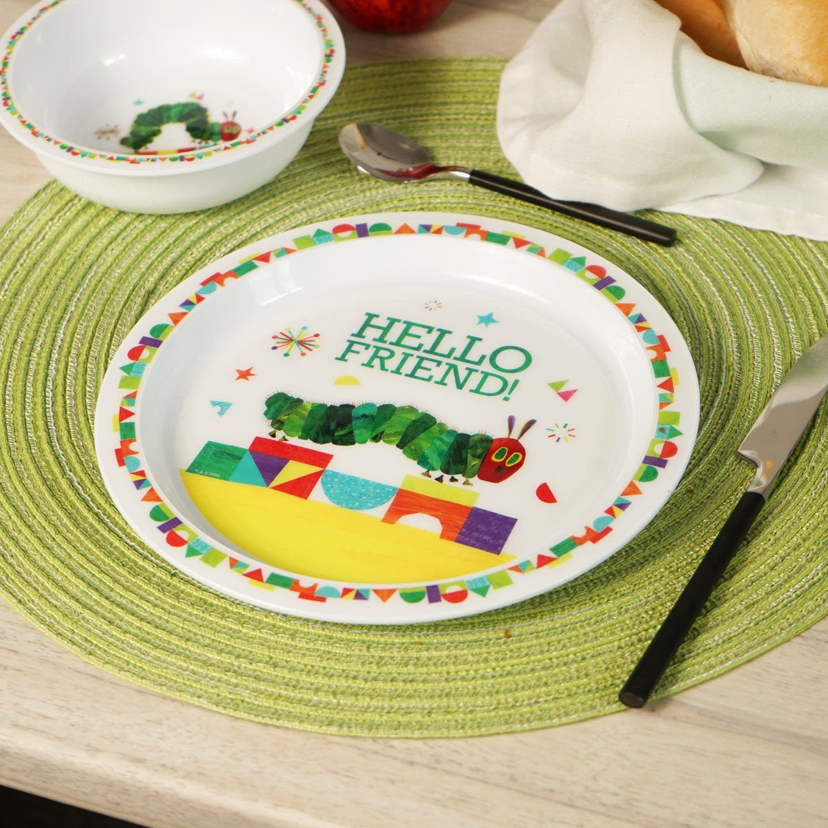 Geda Labels GmbH Frühstücksteller Raupe Nimmersatt Hello Friend 2er Set, (2 St), Weiß, 21,5 cm, spülmaschinengeeignet