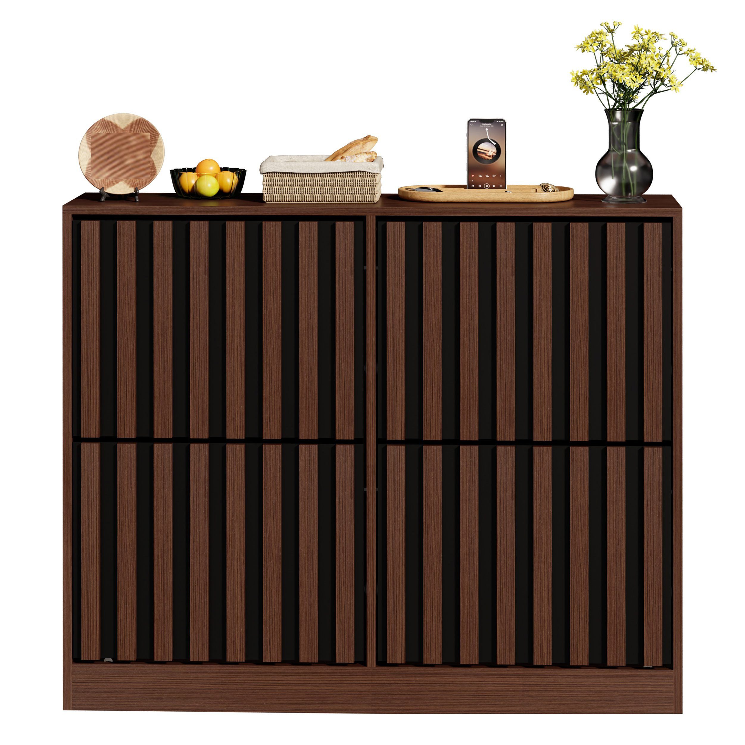 UEV Schuhschrank mit 4 Klappen, Schuhregal Schmal,102x24x86,5cm Schuhkipper Holz (Packung, Schuhkommode mit Kippschutz) verstellbare & herausnehmbare Trennwände für verschiedene Schuhtypen