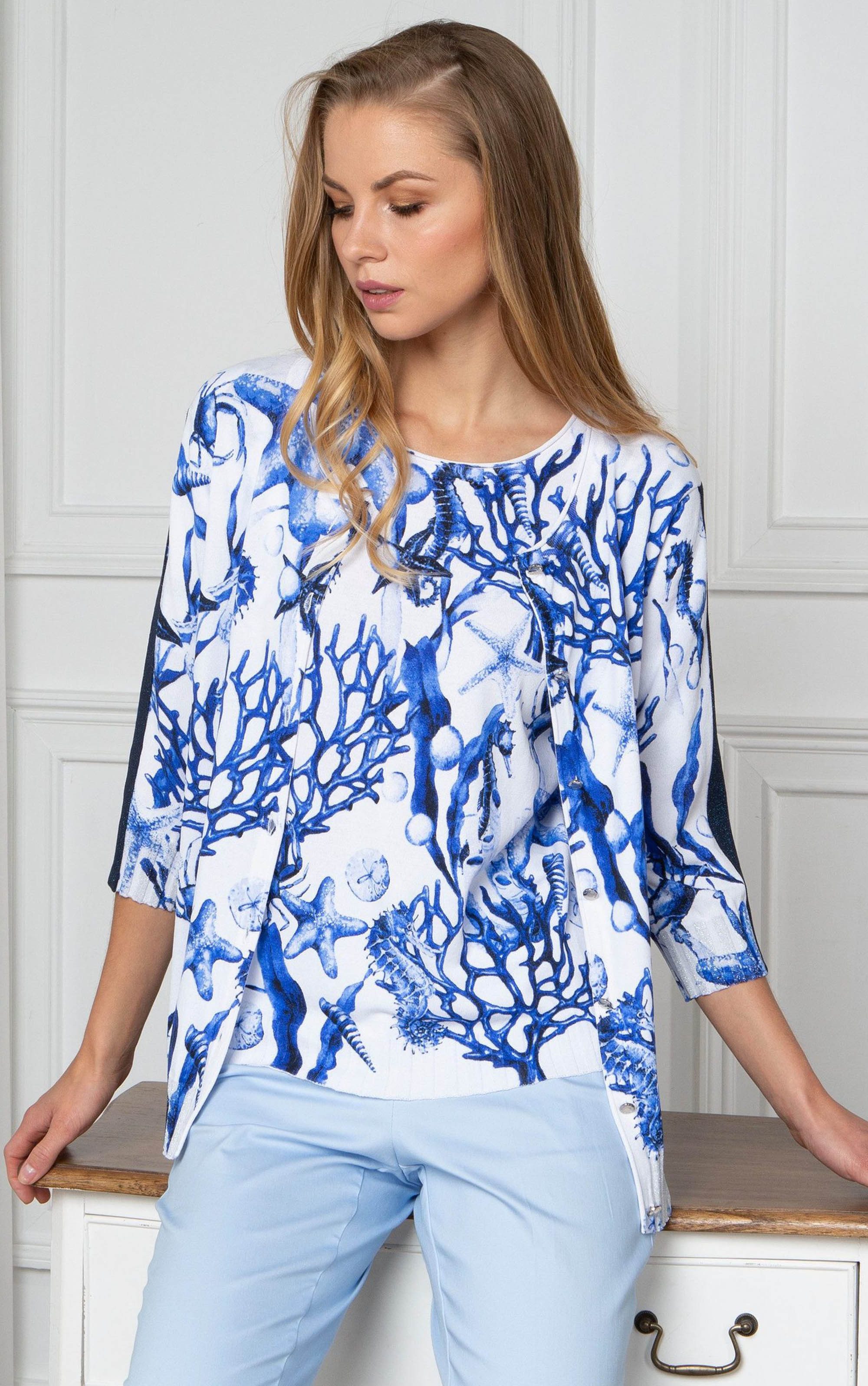 Passioni Cardigan Twin-Set mit blauem Korallen-Print günstig online kaufen
