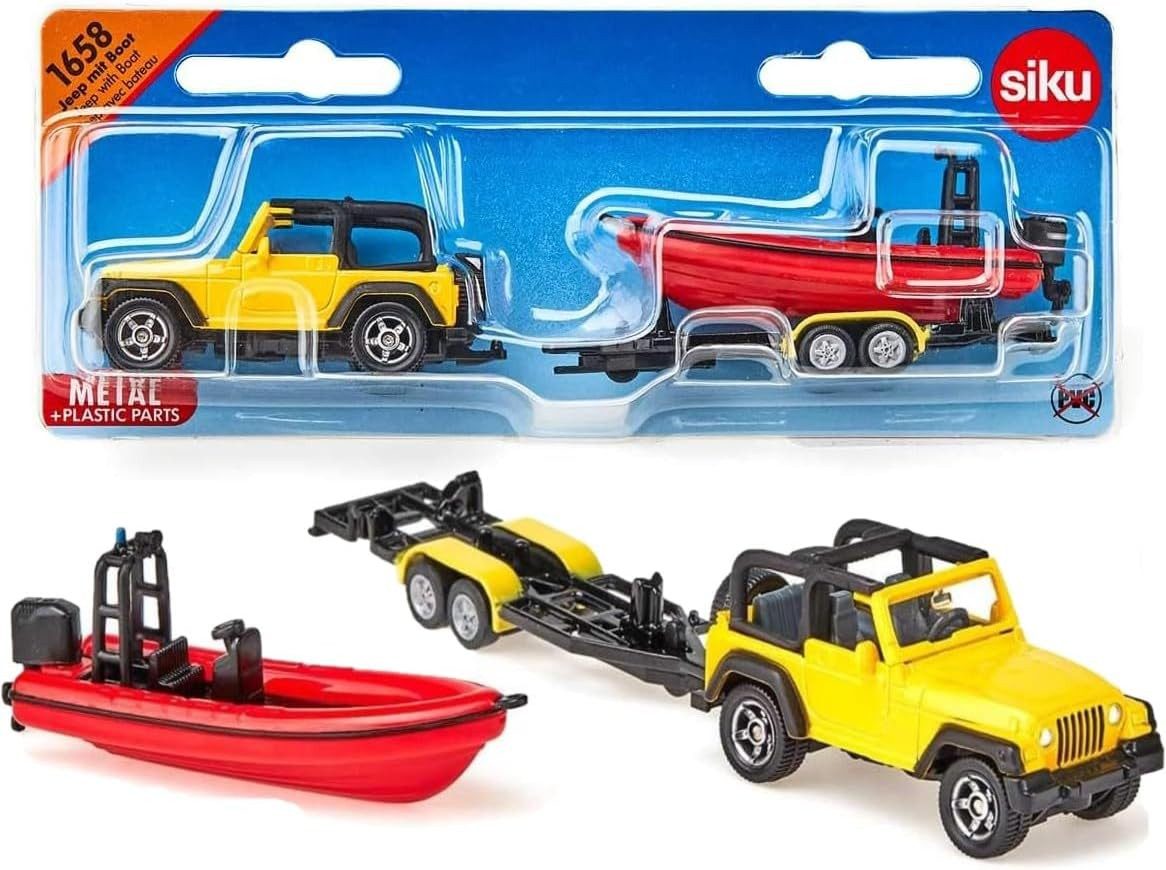Modellauto siku 1658, Jeep mit Boot, Gelb/Rot