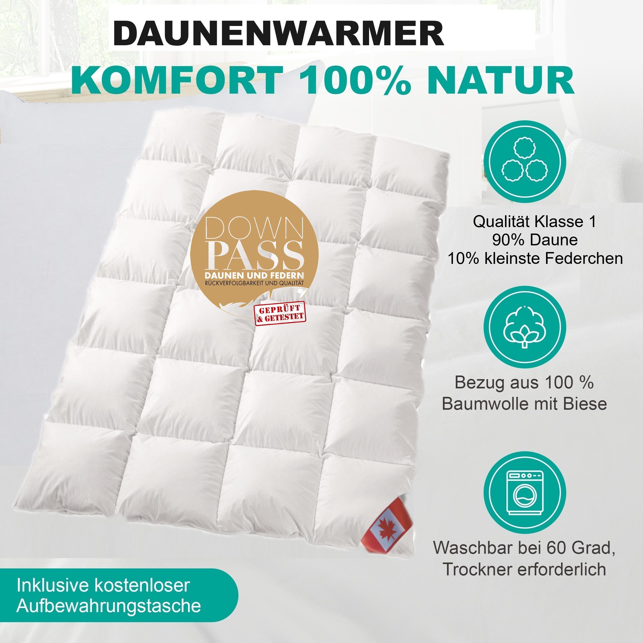 Canada Daunenbettdecke Dreams Luxus extra Winter 8 cm Hochsteg, Füllung: 90% Daunen; 10% Federchen Klasse 1, Bezug: 100% Baumwolle, 8 cm Hochsteg, geprüfte Qualität