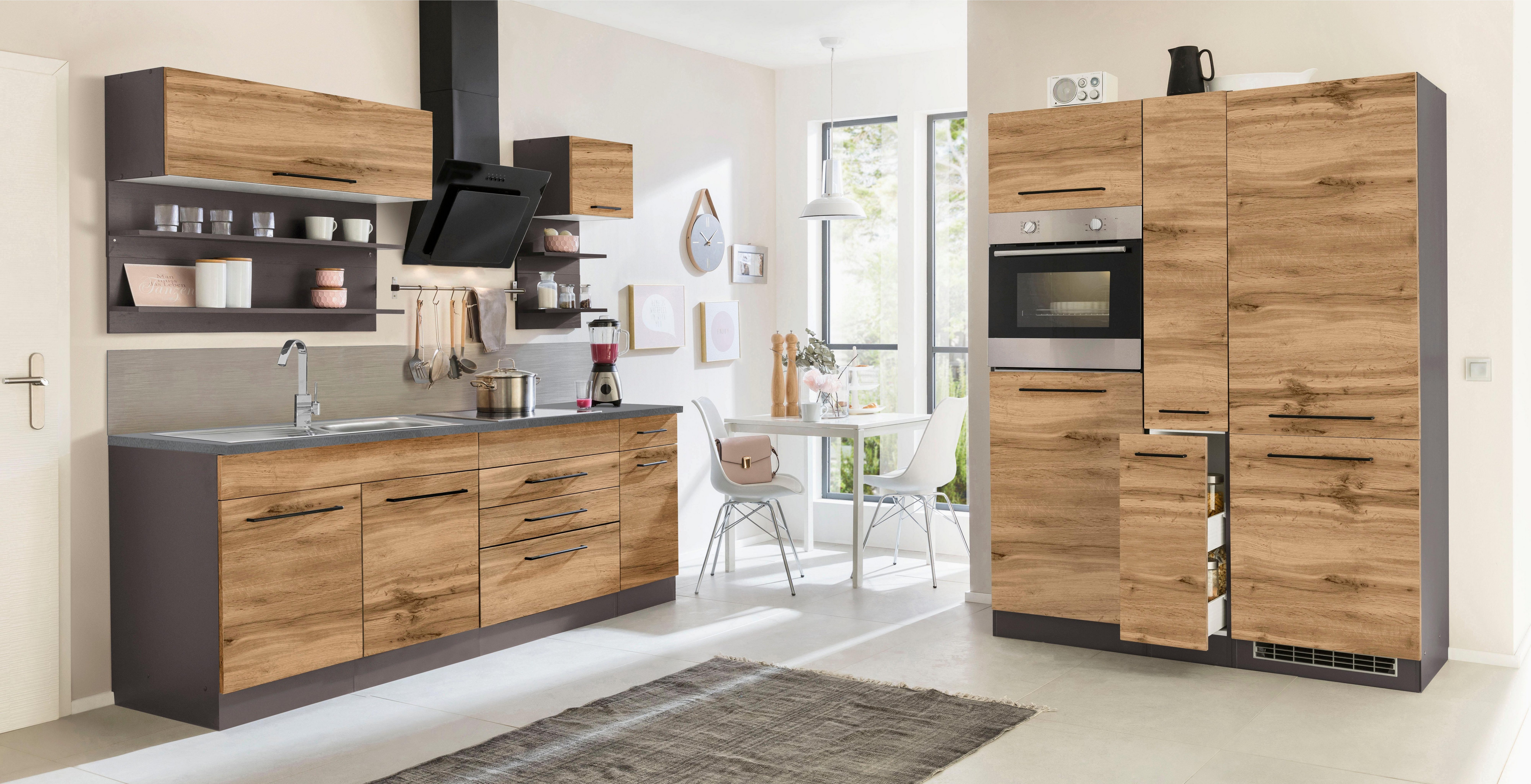 KOCHSTATION Küchenzeile KS-Tulsa, ohne E-Geräte, Breite 380 cm, schwarze Metallgriffe, MDF Fronten