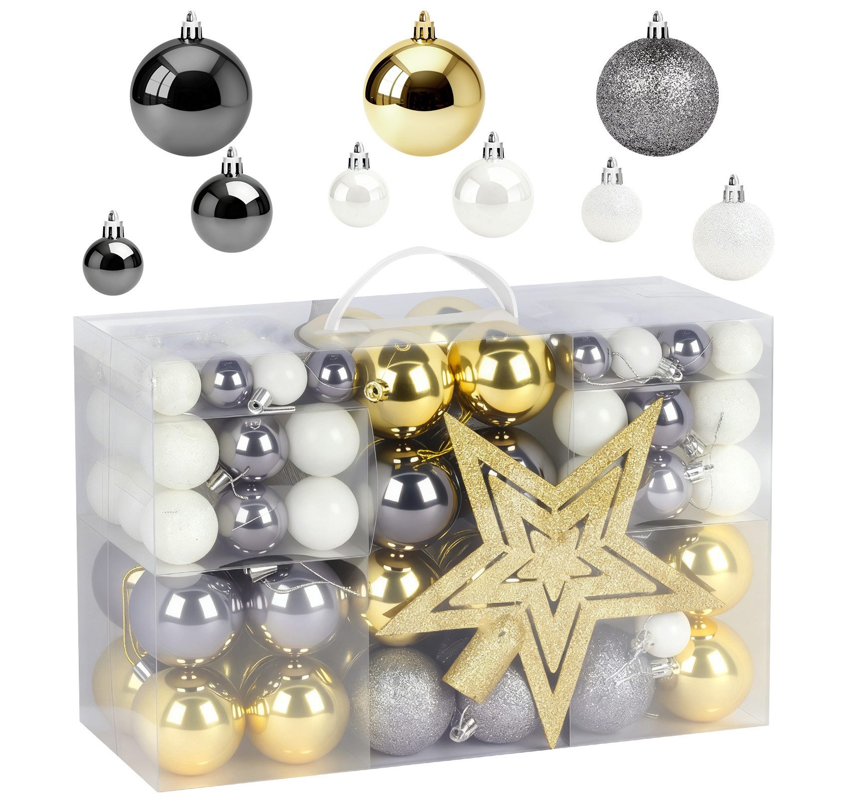 ElitVita Christbaumschmuck Weihnachtskugeln Weihnachtsbaumspitze Stern Weihnachtsdeko Set (108-tlg), Kunststoff Christbaumkugeln mit Aufhänger Deko