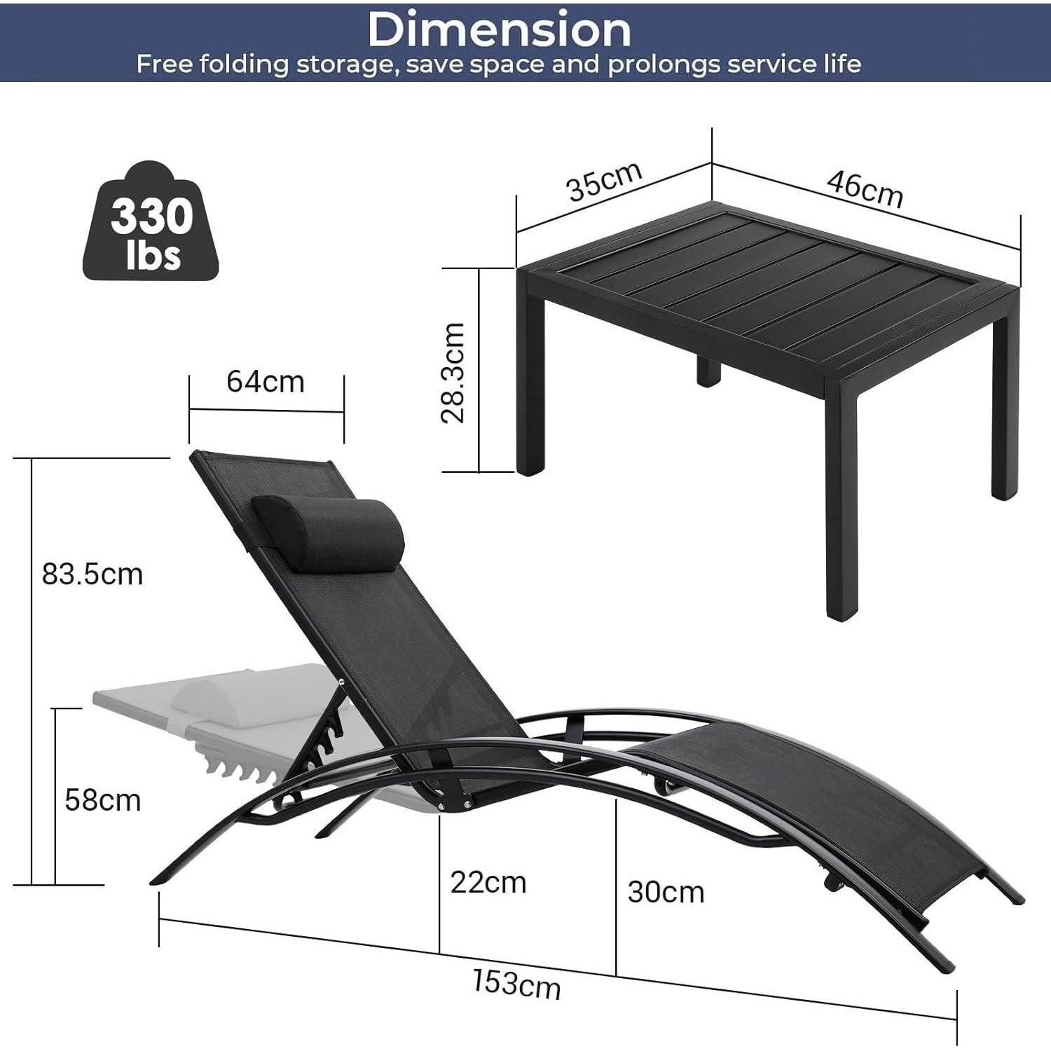 LuxusKollektion Gartenliege Sonnenliege Aluminium XXL 2er Set 5fach 3-teiliges Set Schwarz