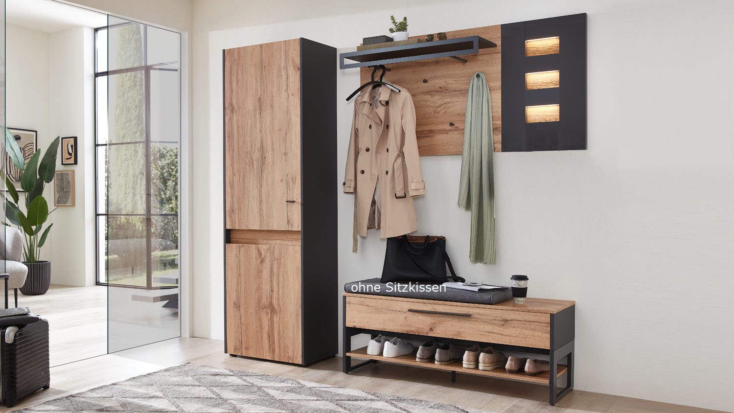 Möbel Akut Garderoben-Set Garderobe Light Line 10 Eiche Votan Schiefer Set 3-teilig