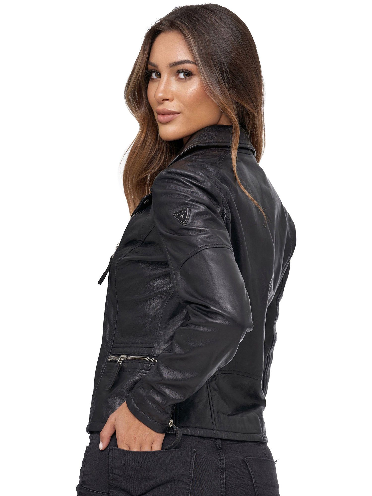 Tazzio Lederjacke F501 moderne & zeitlose Damen Jacke im Biker Look mit Reverskragen