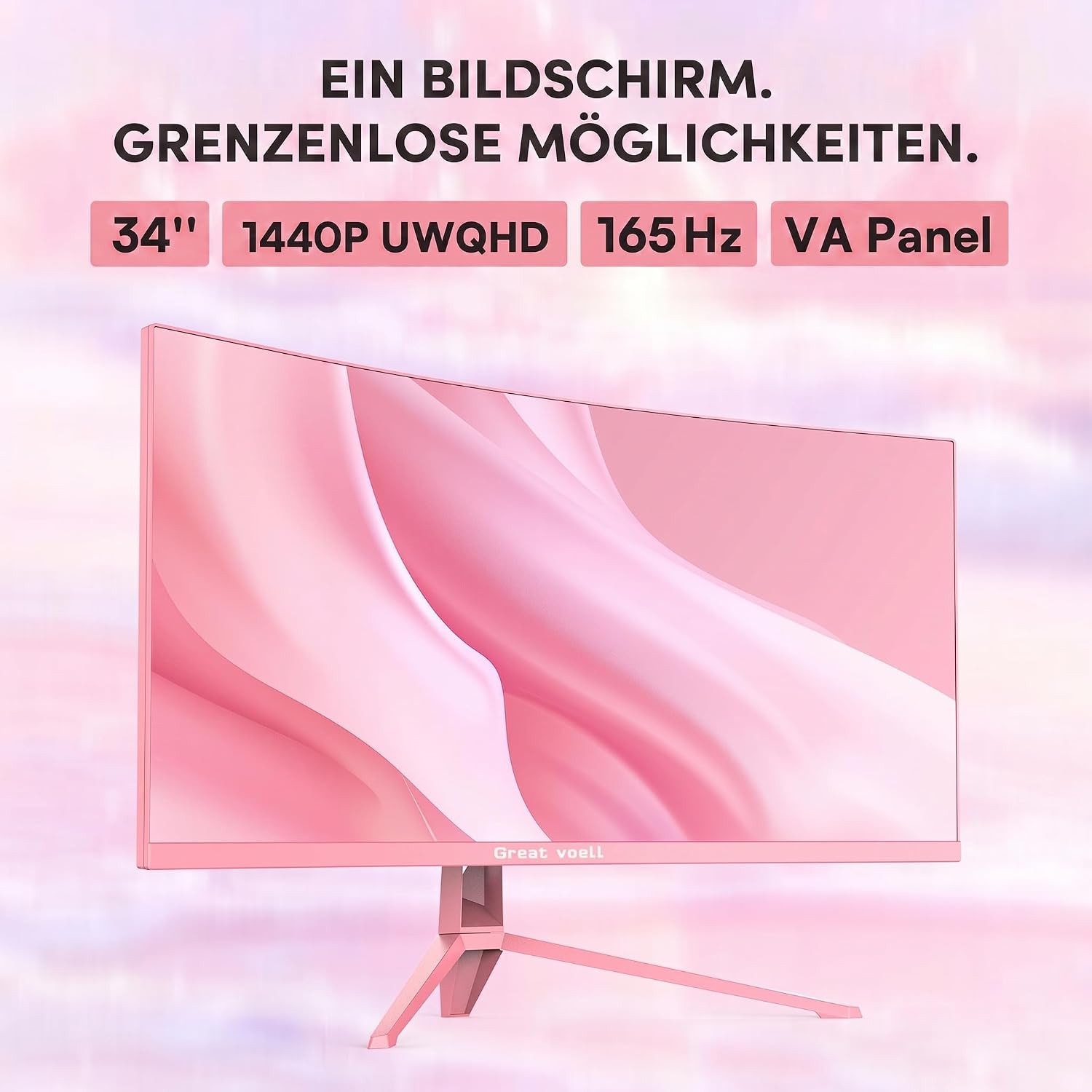 Great Voell 34-Zoll-Rosa-Gaming-Monitor, 4K, 165 Hz, PIP/PBP, 1500R, HDR10 Curved-Gaming-Monitor (86,36 cm/34 ", 3440 x 1440 px, UWQHD, 1 ms Reaktionszeit, 165 Hz, VA LED, HDR, Ultraweit gebogener Gaming & Home Office Monitor, 127% sRGB)