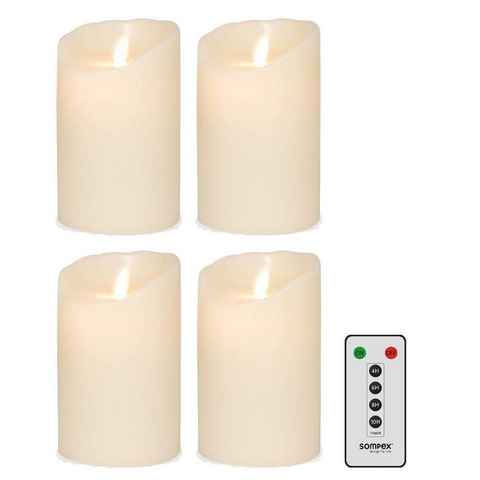 SOMPEX LED-Kerze 4er Set Flame LED Kerzen elfenbein 12,5cm (Set, 5-tlg., 4 Kerzen, Höhe 12,5cm, Durchmesser 8cm, 1 Fernbedienung), fernbedienbar, integrierter Timer, Echtwachs, täuschend echtes Kerzenlicht, optimales Set für den Adventskranz