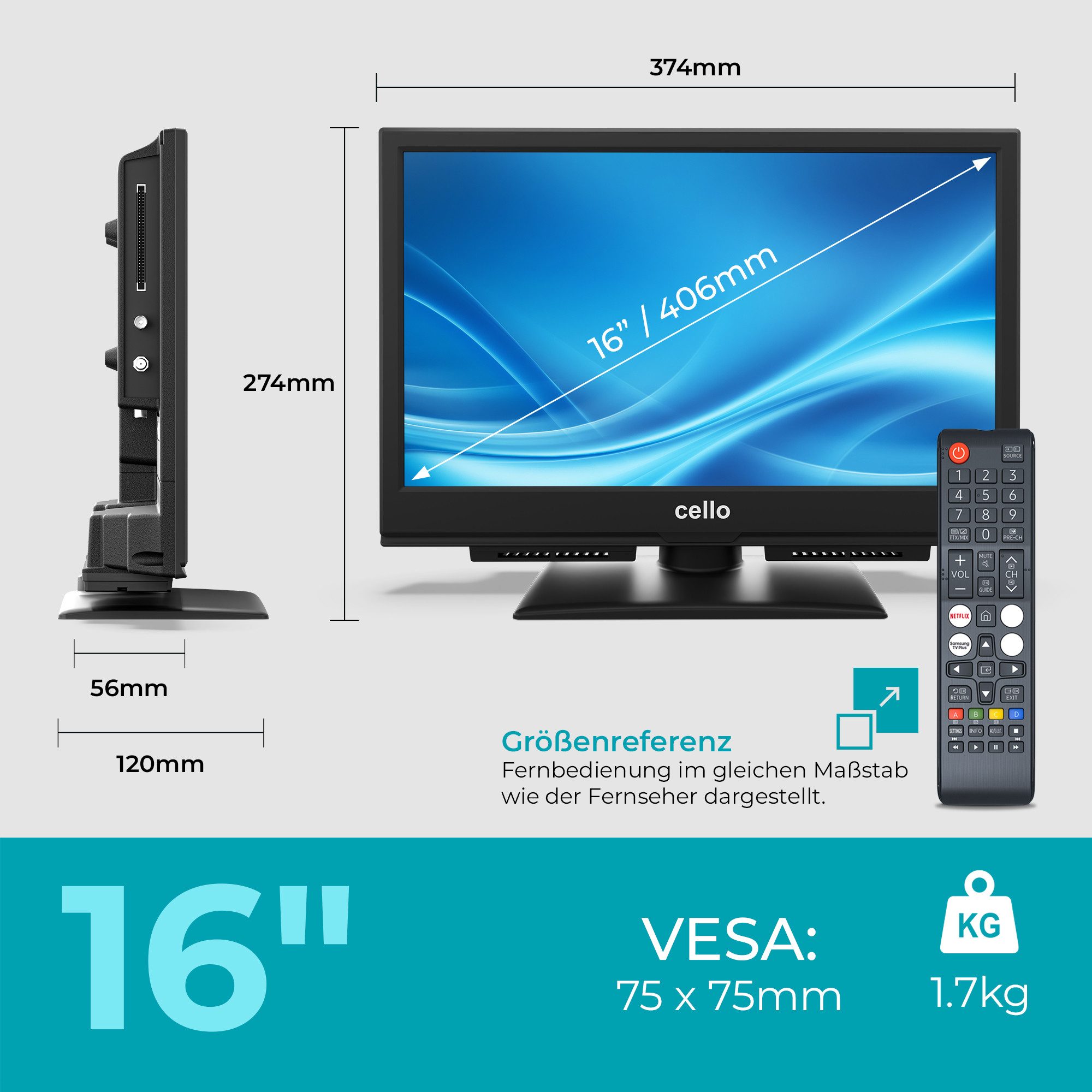 Cello C1626TZH LED-Fernseher (40,64 cm/16 Zoll, Full-HD, Smart-TV, Tizen OS powered by Samsung, Pitch Perfect Sound, Triple Tuner, WLAN)