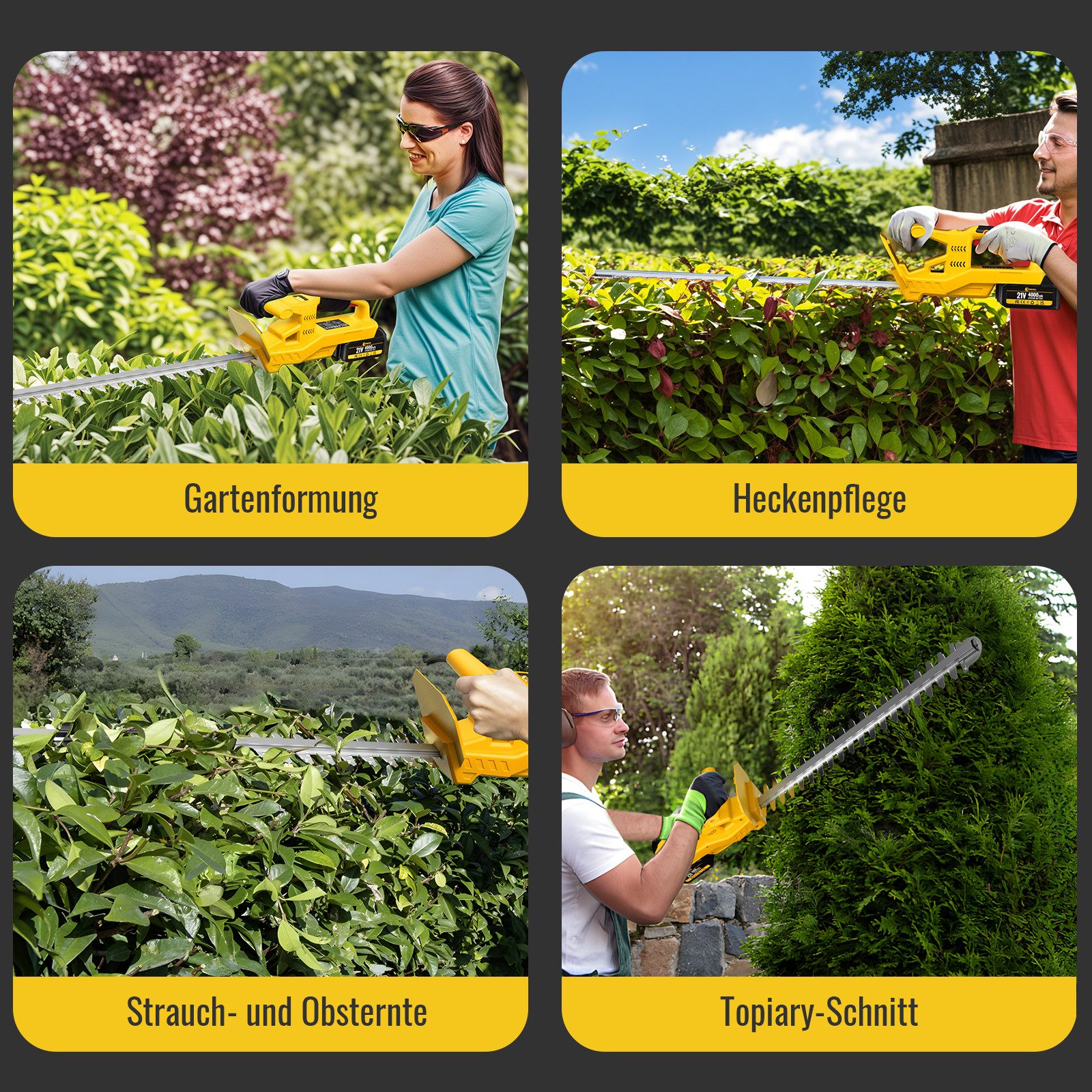 CONENTOOL Akku-Heckenschere 21V Elektro-Heckenschere mit 2x4Ah Akku und Ladegerät, (set), 50 cm Schnittlänge, kabellose Gartenschere für Hecken & Büsche