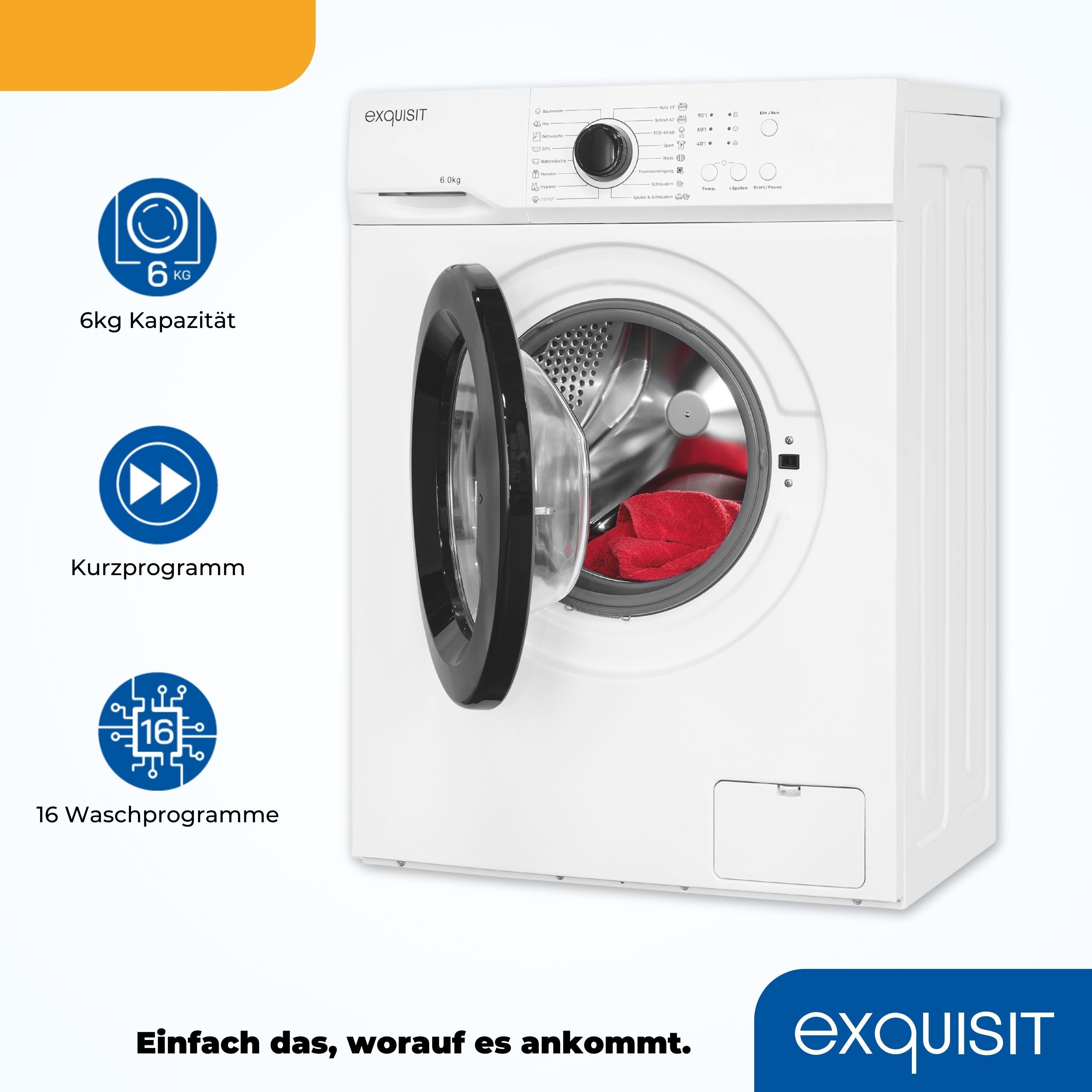 exquisit Waschmaschine WA6110-021A weiss, 6 kg, 16 Programme, Restlaufzeitanzeige, Kindersicheruing