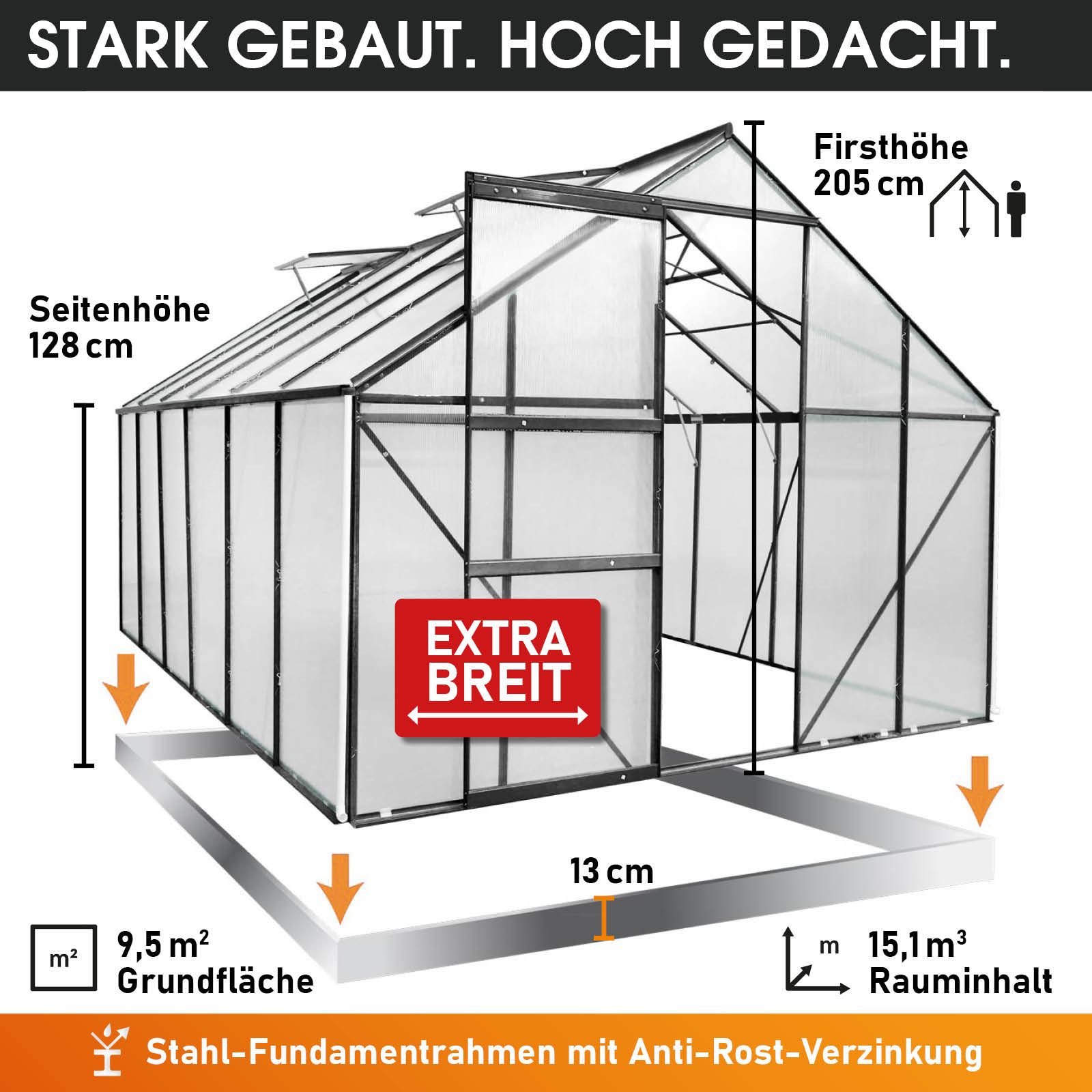 BRAST Gewächshaus ALU mit Fundament rostfrei 380x250x205cm TÜV geprüft, BxTxH: 250 x 380 x 205 cm, wetterfestes hochwertiges Aluminium, Temperaturbeständig, Wär – Bild 5 von 5
