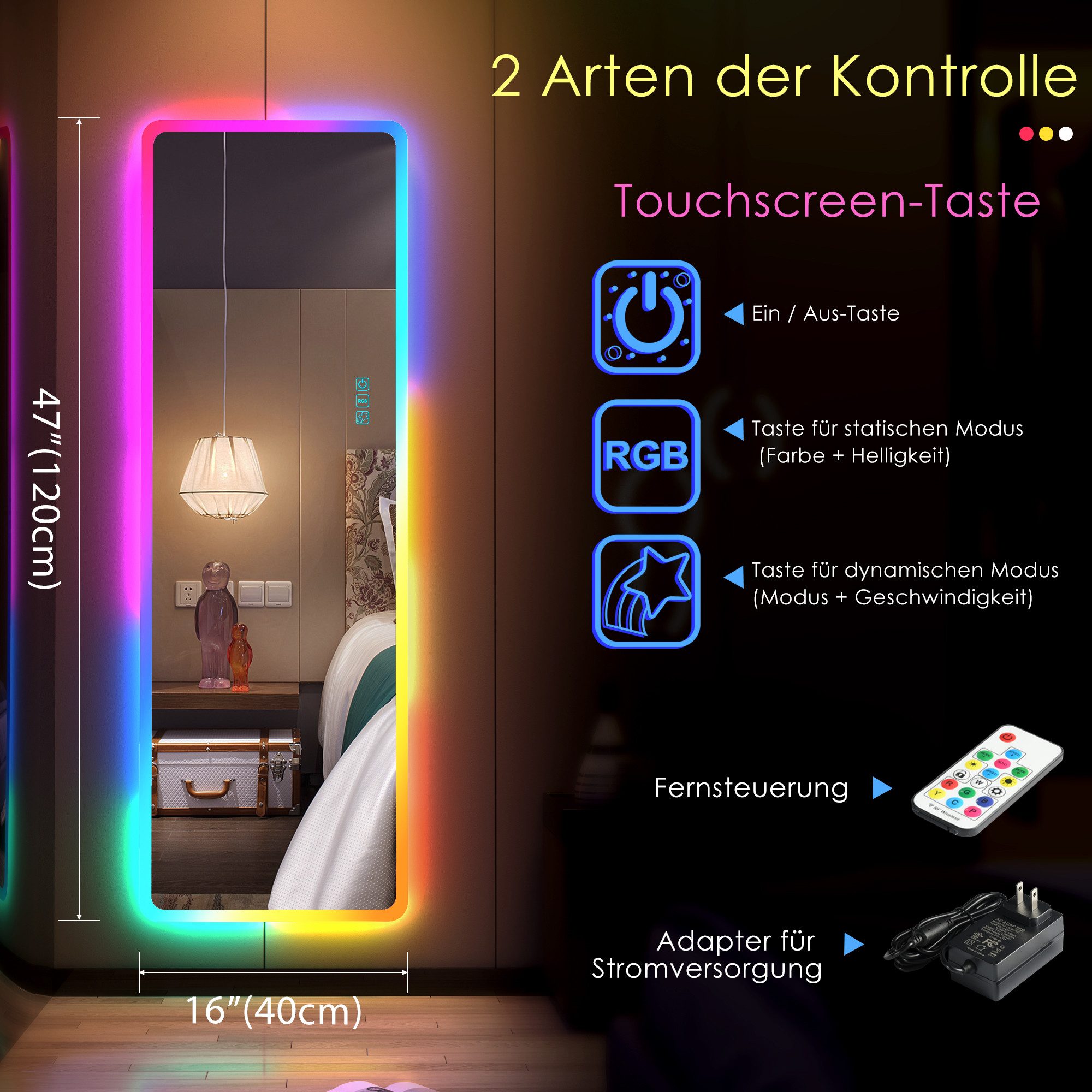 LVSOMT Ganzkörperspiegel 120x40cm Ganzkörperspiegel mit Licht RGB Tür/Wand günstig online kaufen