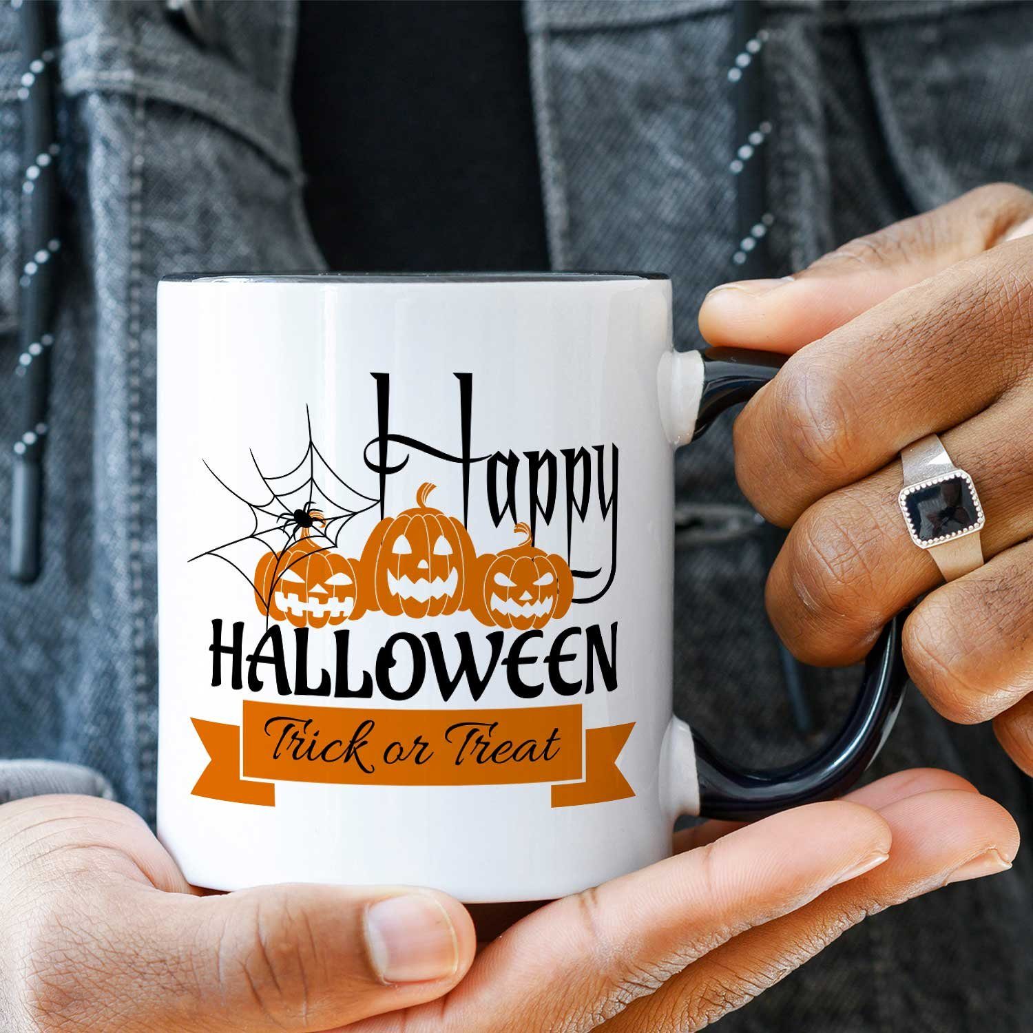 GRAVURZEILE Tasse Geschenk Ihn im Motiv & Weiß Happy - für Sie - mit Schwarz V2 Halloween Design