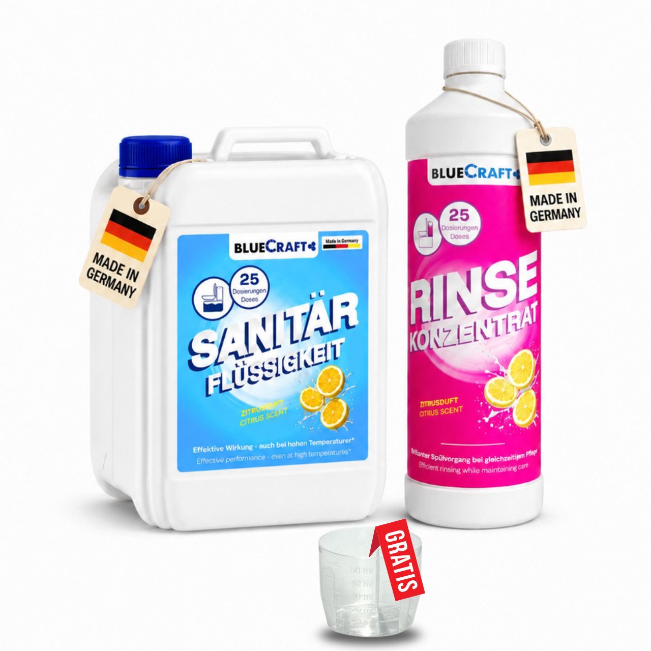 BlueCraft Sanitärflüssigkeit-Set für Campingtoiletten Abwassertank & Spültank Campingtoilettenreiniger (1x 2,5 L Sanitärflüssigkeit & 1x 1 L Rinse)