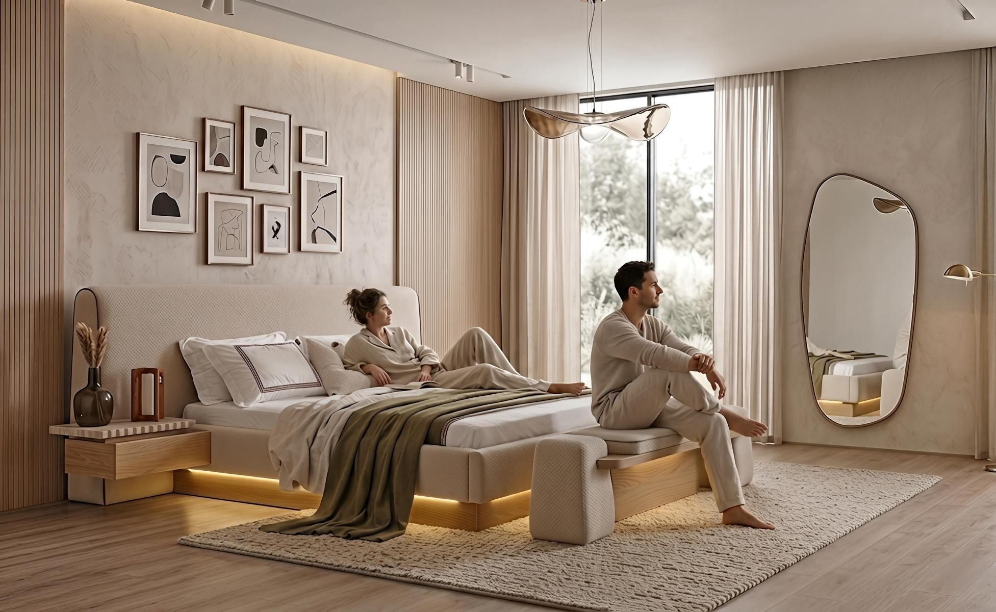 JVmoebel Bettbank Bettbank Sitzbank Modern Beige Edel Luxus Design Schlafzimmer Bank LED, Made in Europa