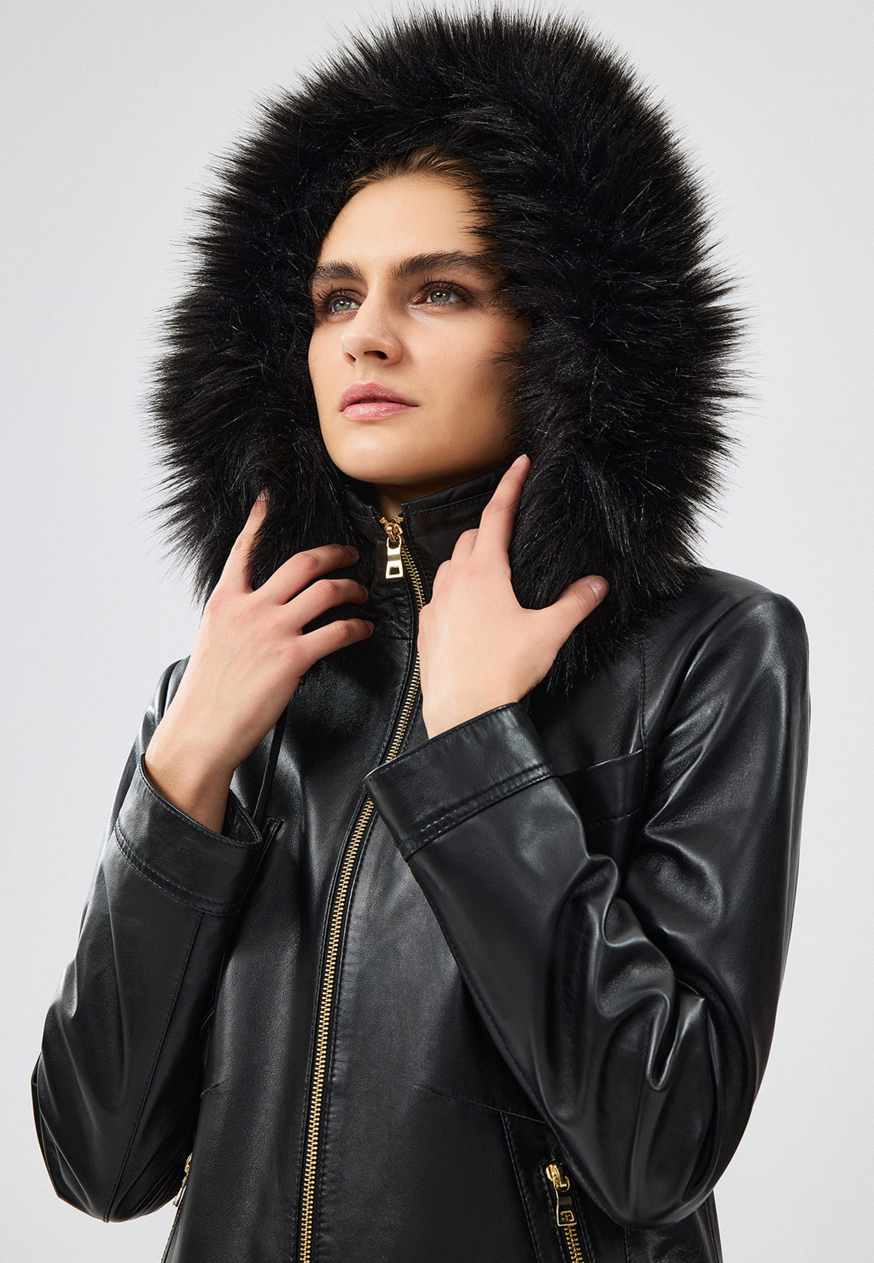 Derimod Lederjacke Meggy Lederjacke mit Kapuze und Fellbesatz