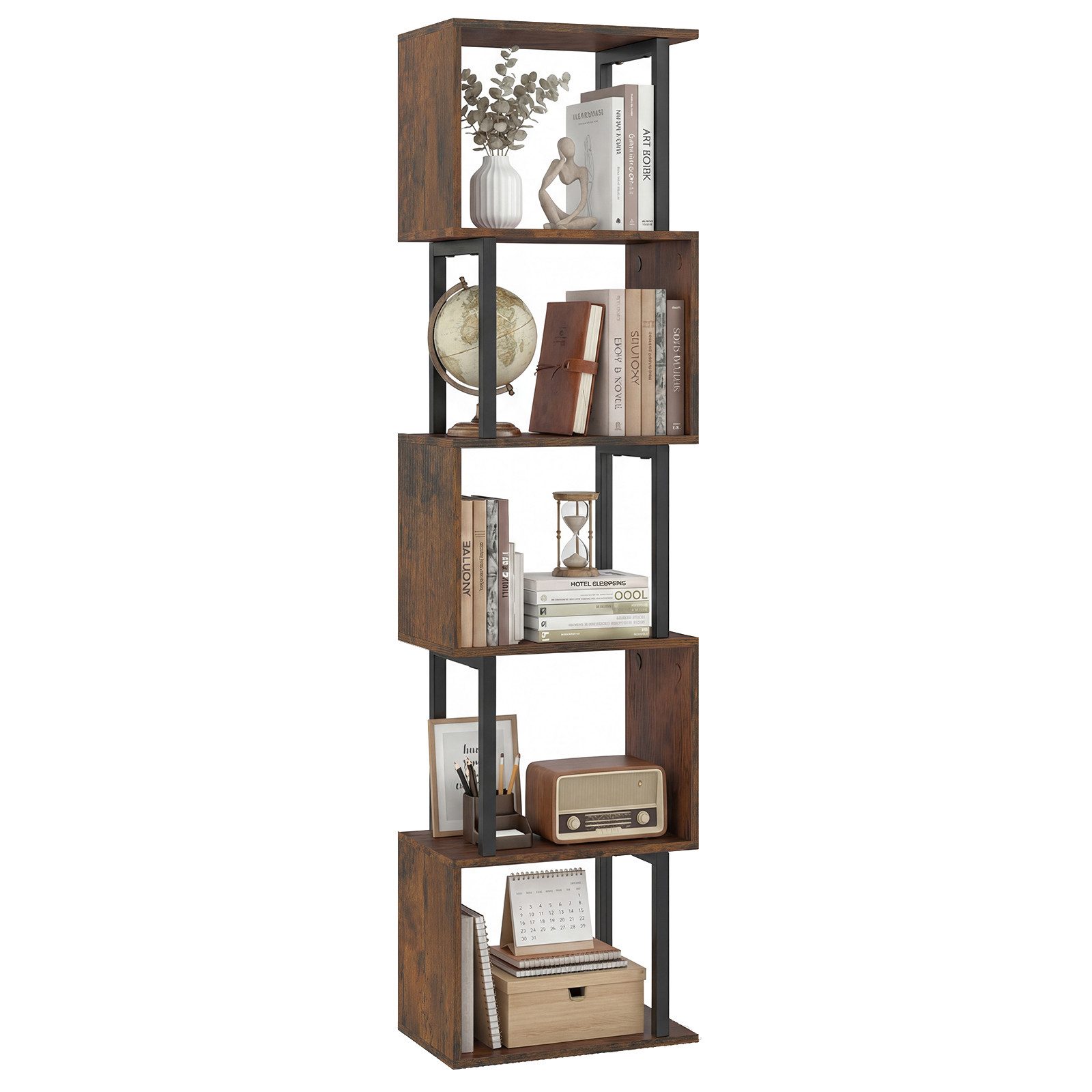 COSTWAY Bücherregal, 5 stöckiges geometrisches, mit Metallrahmen, Kippschutz
