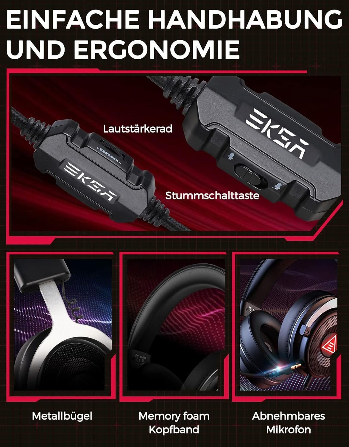 EKSA E900 PLUS Gaming-Headset (50mm Klinke Audio Treiber/LED mit Headset, Headset Ear, 50mm LED-Lichter Audio Ear, Kopfhörer Klinke Over Kopfhörer Gaming Over Treiber/LED Lichter/USB Over-Ear-Kopfhörer) Rauschunterdrückung Lichter/USB Headset