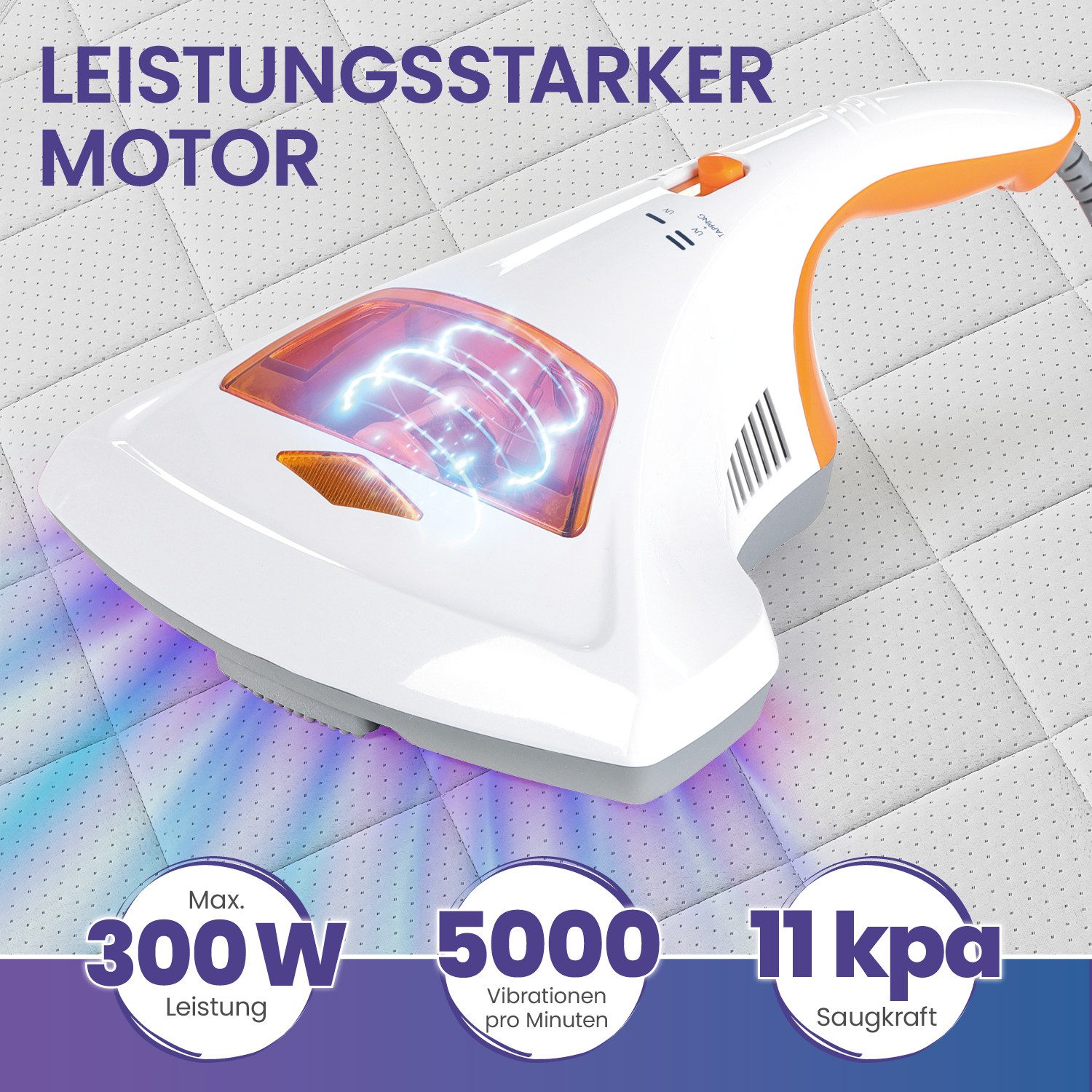 aktimeo Matratzenreinigungsgerät Milben-Handstaubsauger mit UV, Staubsauger Teppich, Sofa & Matratzen, 300,00 W, ohne Beutel, Aufrütteln & Absaugen der Milben