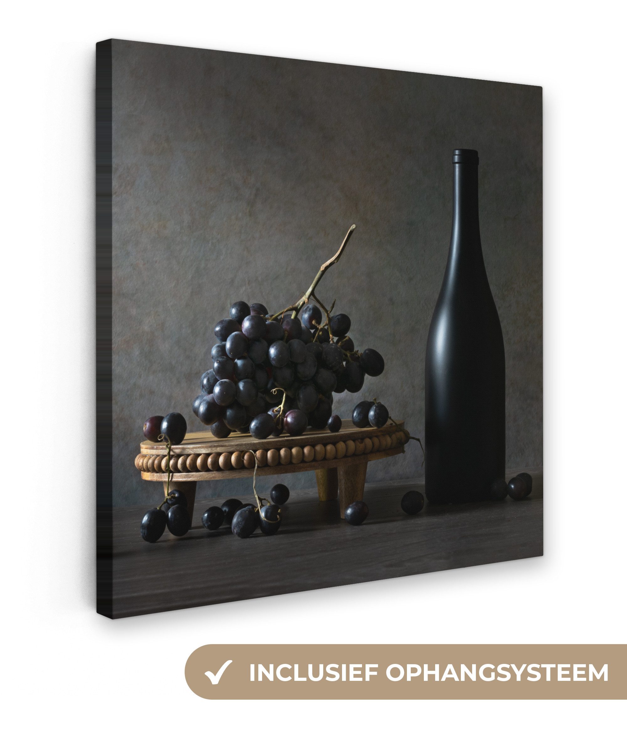 OneMillionCanvasses® Leinwandbild Stilleben - Schwarz - Flasche - Weintrauben, Fotodruck (1 St), Wandbild, Deko Schlafzimmer Wohnzimmer Flur 20x20 cm
