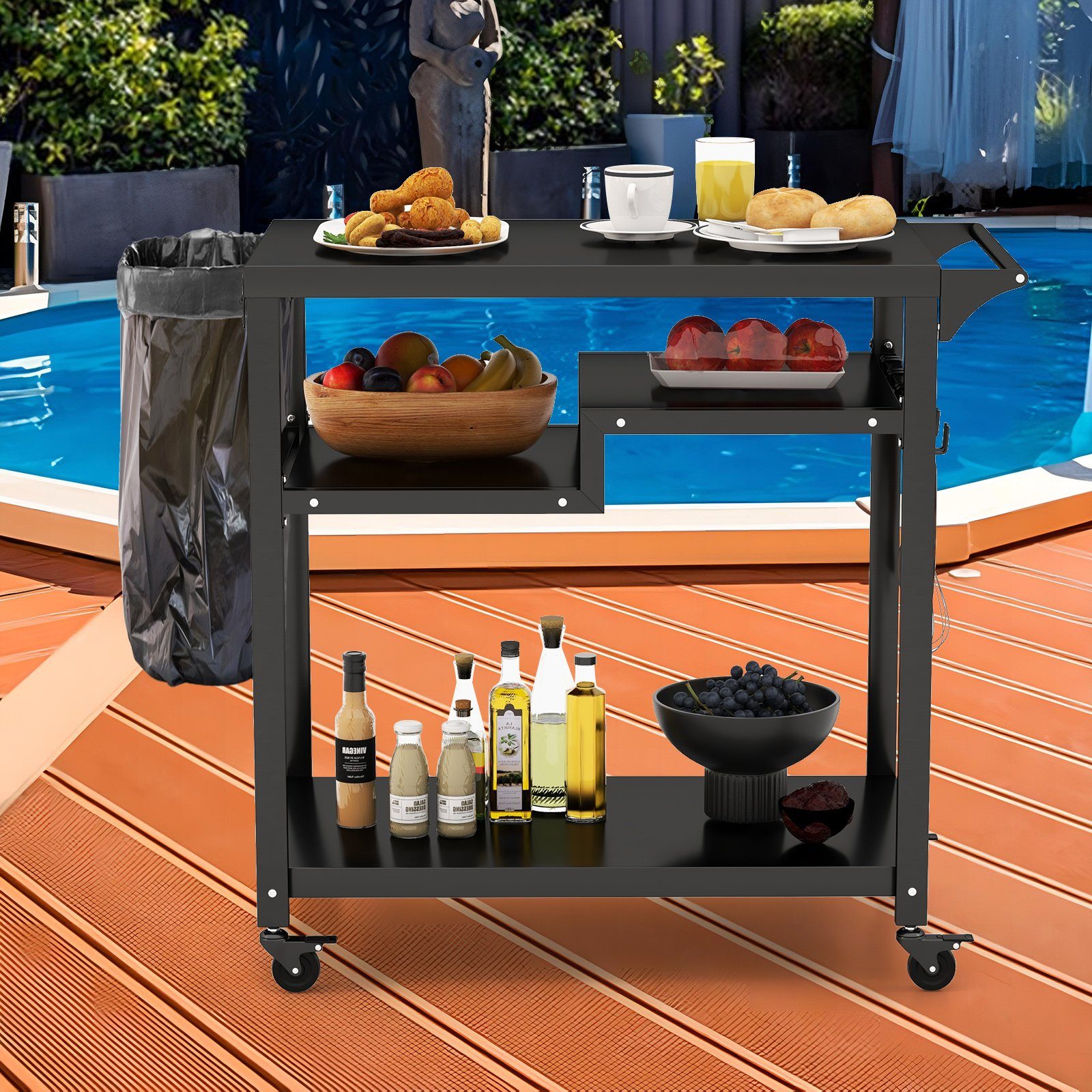COSTWAY Grillablagetisch, mit 4 Ablagen, 4 Rollen & Haken, 111x50,5x93cm