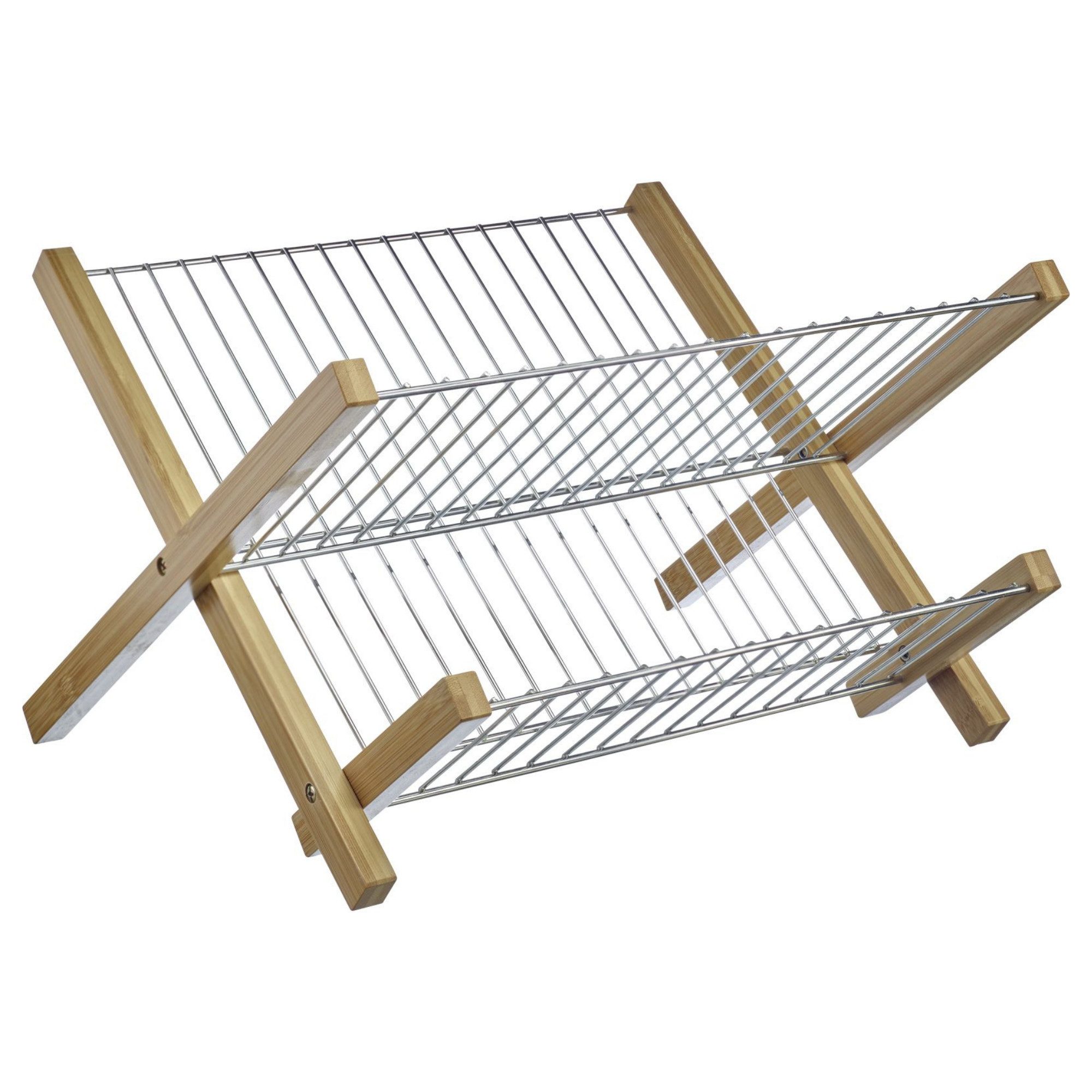 Thiru Geschirrständer Abtropfgestell, faltbar - Bambus-Rahmen und verchromtes Abtropfgitter, faltbar
