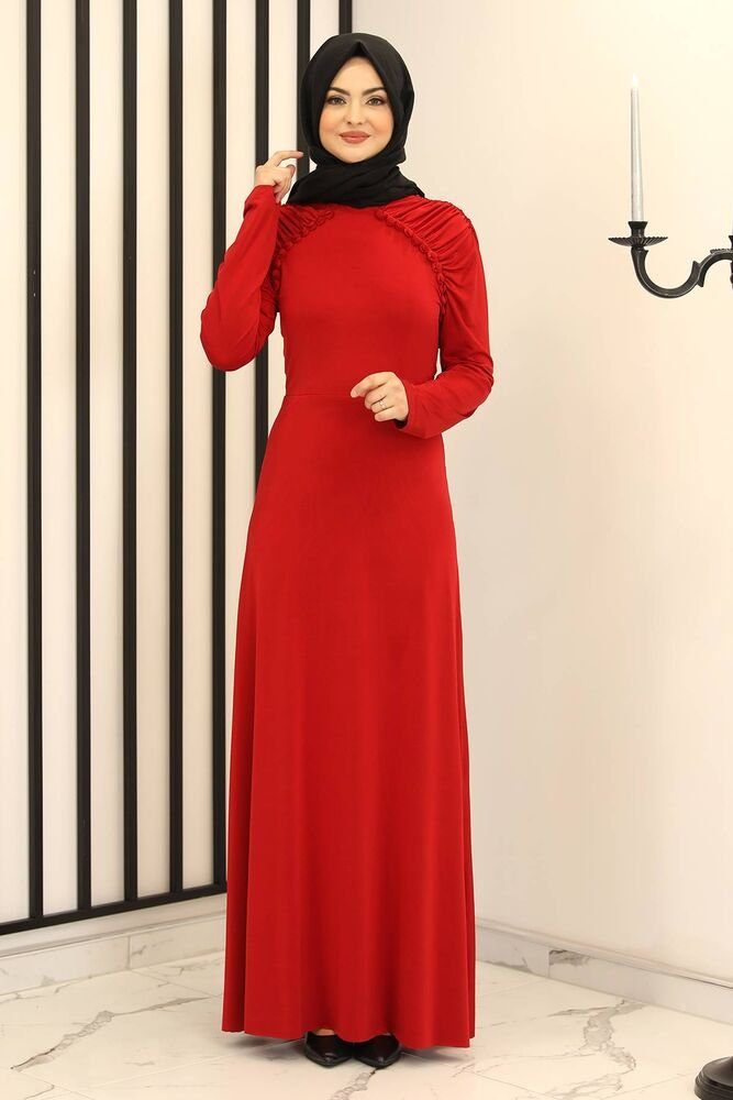 Modavitrini Abendkleid Damen Hijab Kleid mit Raglanärmeln Abiye Abaya elastisch Rot