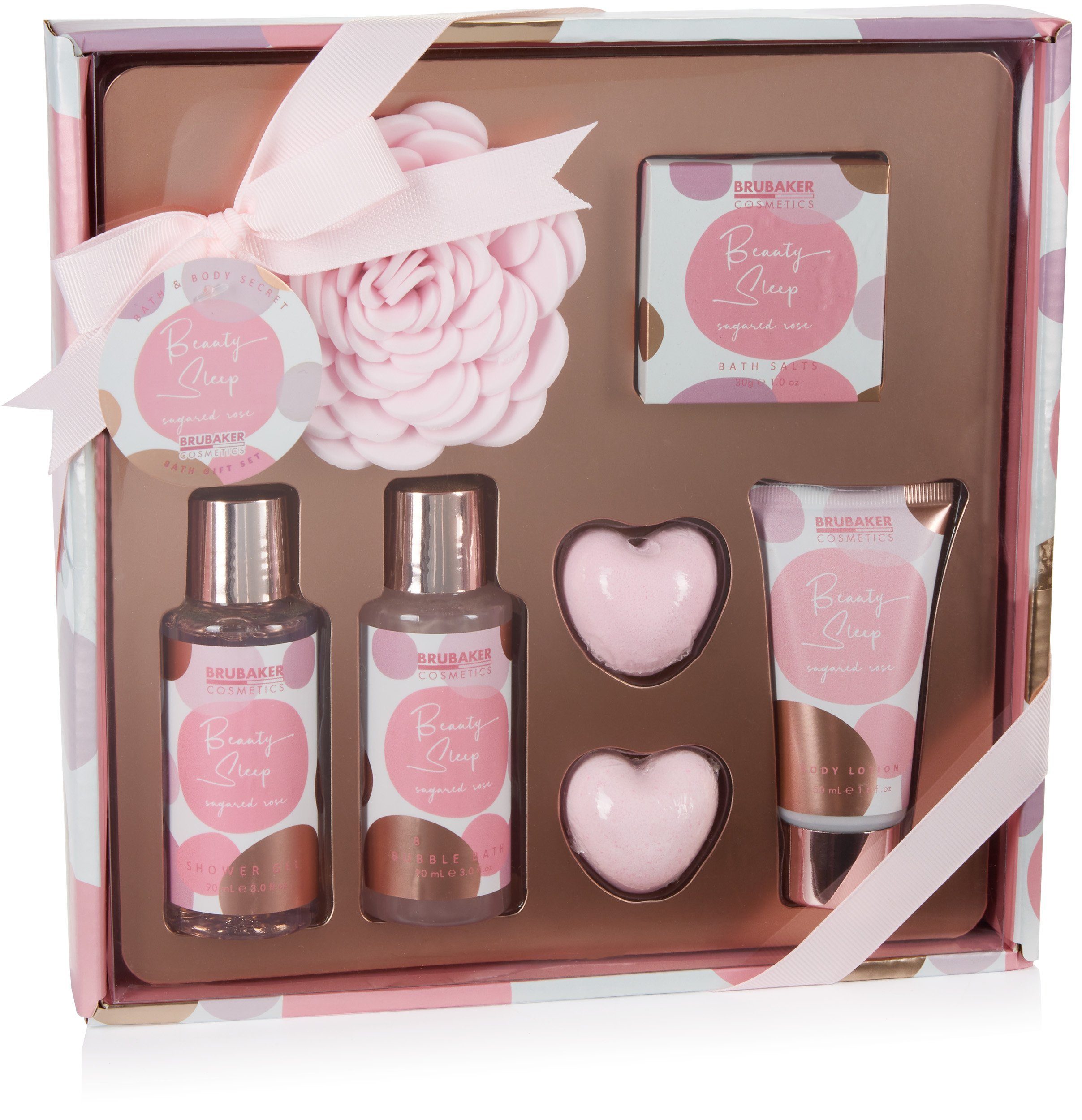 BRUBAKER Pflege-Geschenkset Wellness Pflegeset für Frauen mit Rosen Duft, Rosa Beauty Set, 7-tlg., Geschenkset Sugared Rose, Badeset, Geschenk Mama, Muttertagsgeschenk