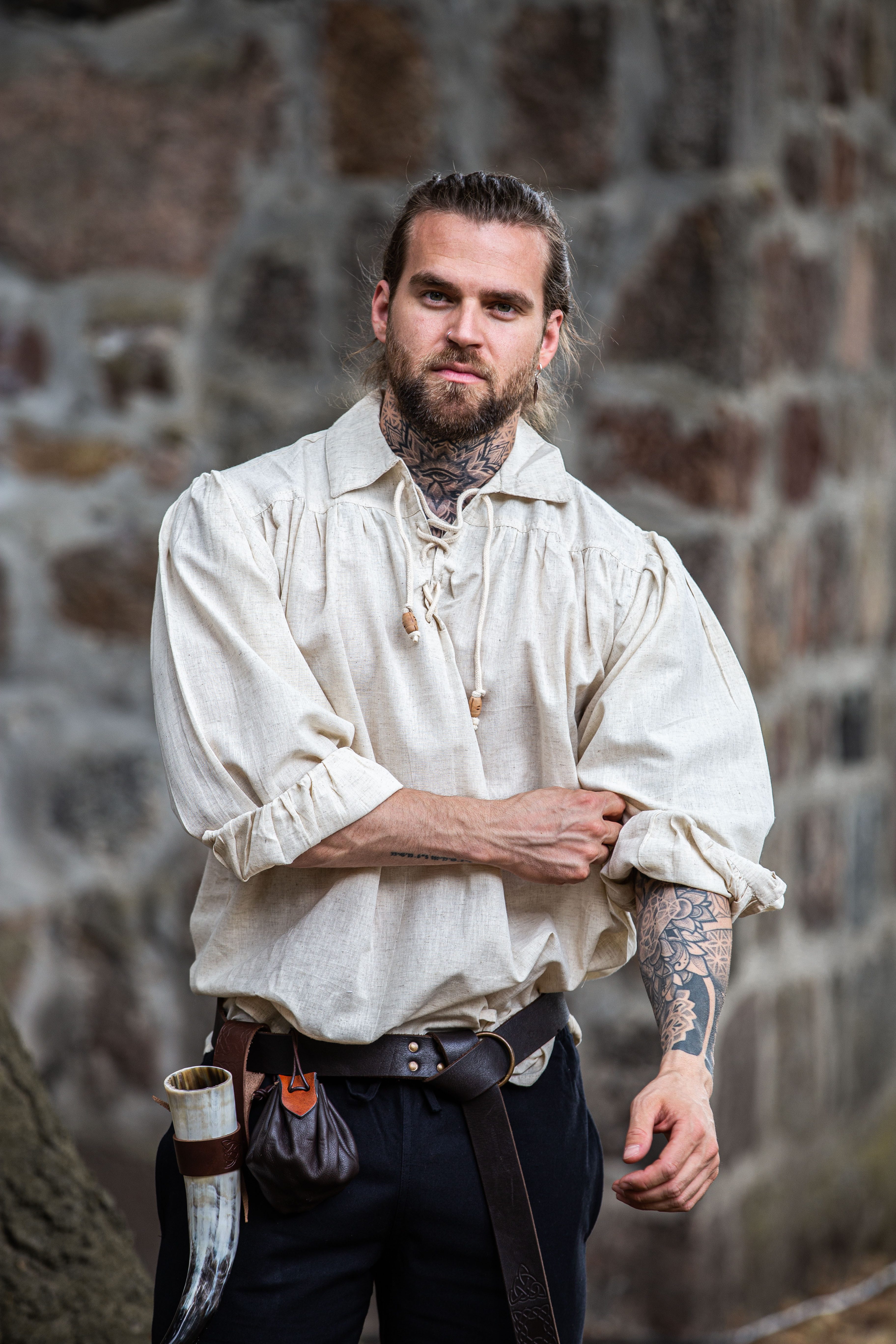 Leonardo Carbone Wikinger-Kostüm Piraten-Schnürhemd "Artur" mit Kragen Natur