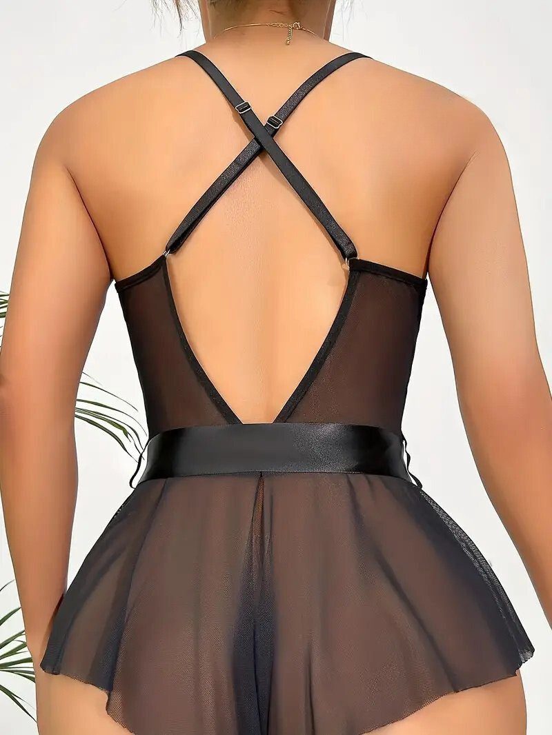 Elegant Love Kurzarmbody Sexy Damen-Tüllbody, Spitzen-Dessous, Lingerie mit überkreuztem Rücken (1-tlg) Teddy mit floraler Spitze & Schleife, verführerische Damen-Unterwäsche