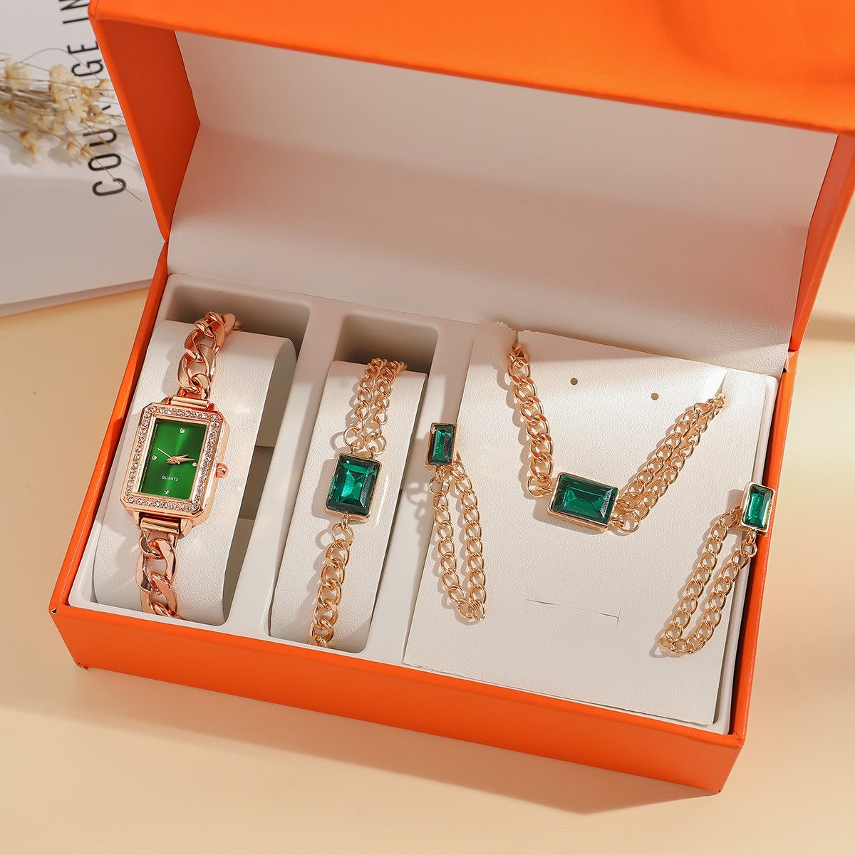 Quarzuhr Quarzuhr (Set,4-tlg.Ohrstecker, Armbandund Kette), Armbanduhr, Damenuhr, Glassteine, ideal auch als Geschenk