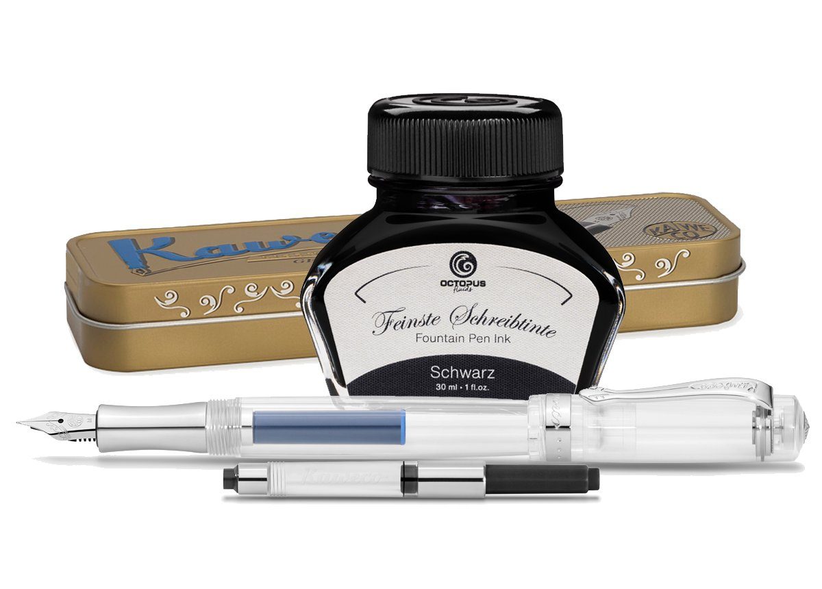 Kaweco Kaweco Student mit Füllhaltertinte Metalletui Transparent, Schwarz Tintenglas (Komplett-Set mit Kaweco Student Füllhalter, Tintenkonverter, Octopus Fluids Schreibtinte und Kaweco Metalletui, 0-tlg., MADE IN GERMANY)