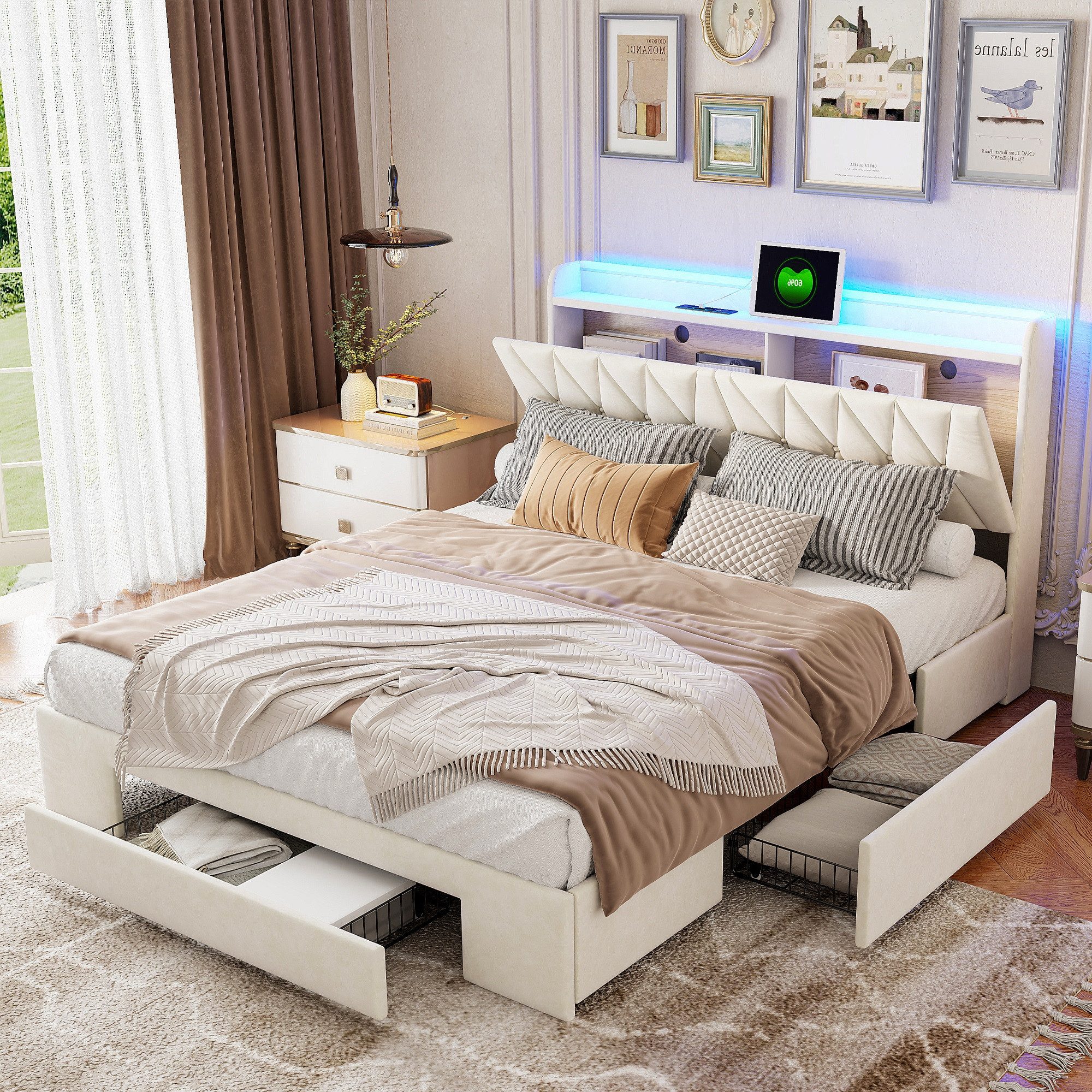 zebery Stauraumbett Polsterbett Doppelbett mit 3 Groß Schubladen (Set, 1-tlg., mit Lattenrost, Ohne Matratze, Samt, Beige, 140x200 cm), Aufklappbares Kopfteil mit USB-Ladeanschluss und LED