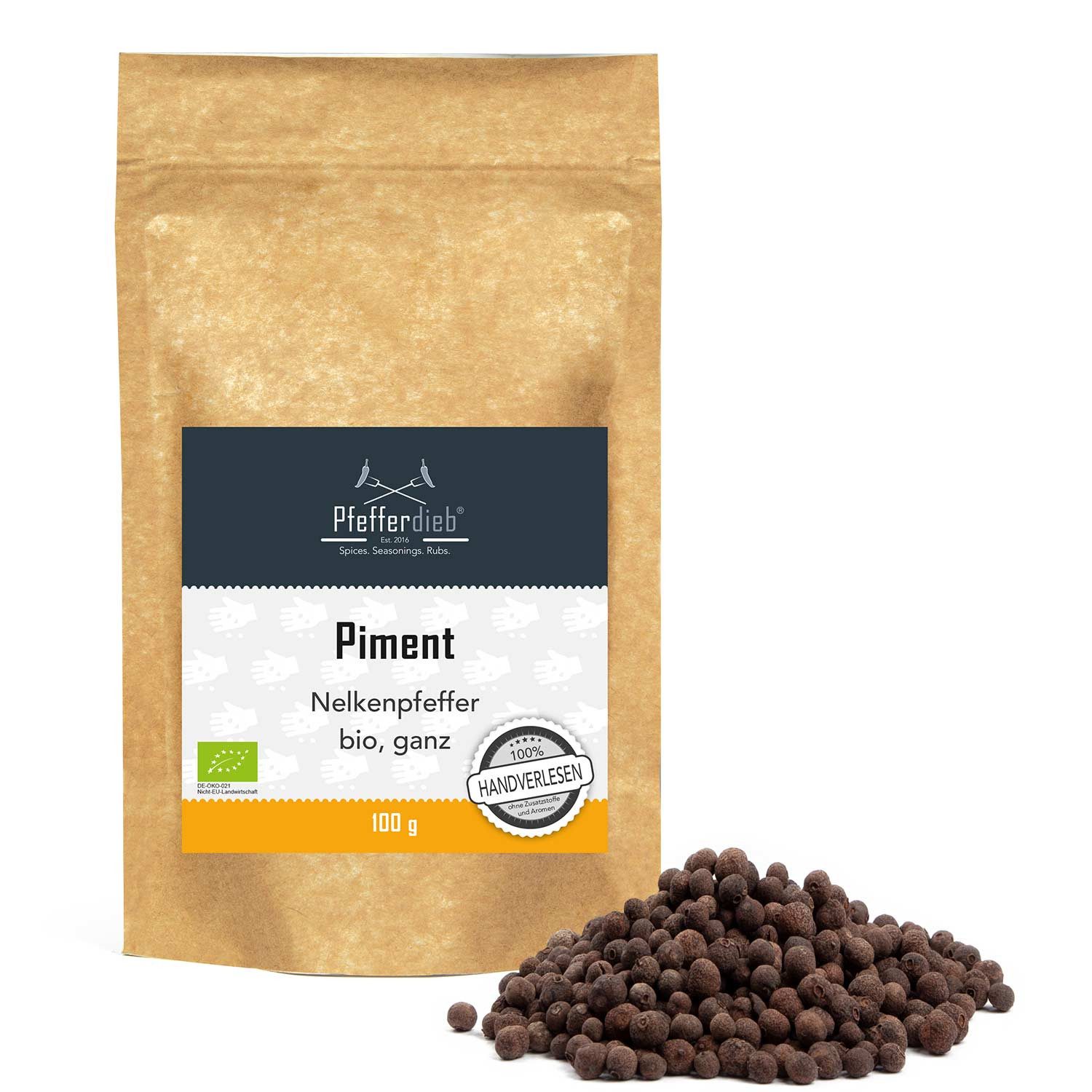 Pfefferdieb Gewürz Piment ganze Beeren BIO, 100g, Vielschichtig mit pfeffriger Schärfe, Aromen von Nelke, Muskat & Zimt
