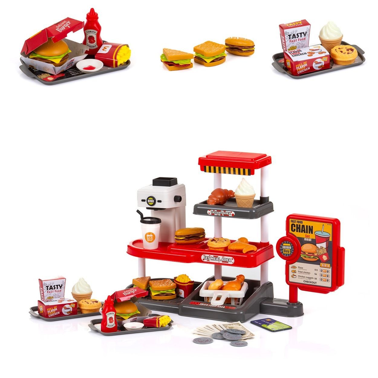 Chipolino Spiellebensmittel Spielzeug Schnellrestaurant, 71-teilig Burger Pommes Kaffeemaschine