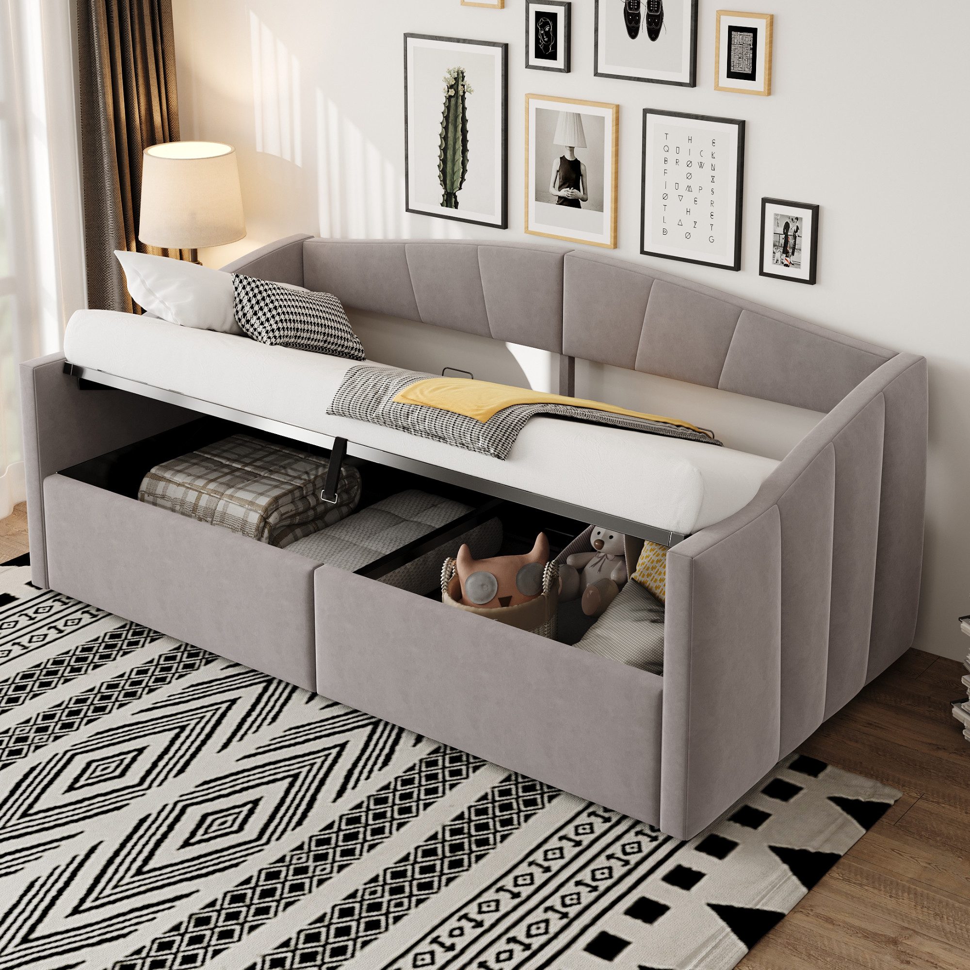 Odikalo Polsterbett Sofabett 90*200 cm hydraulisch Lagerung Armlehnen Samt Beige Grau