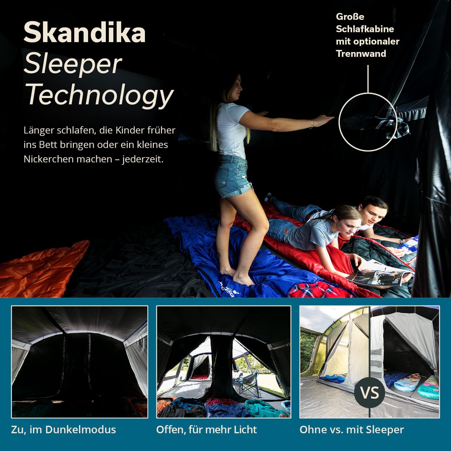 Skandika Tunnelzelt Montana 8 Sleeper, Familienzelt mit 3-4 nachtschwarzen Schlafkabinen, Personen: 8 (Sleeper Technologie, Organizer-Taschen, Haken für Zeltlampe), wasserdicht, 5000mm Wassersäule, Moskitonetze, Zeltboden, 2m Stehhöhe