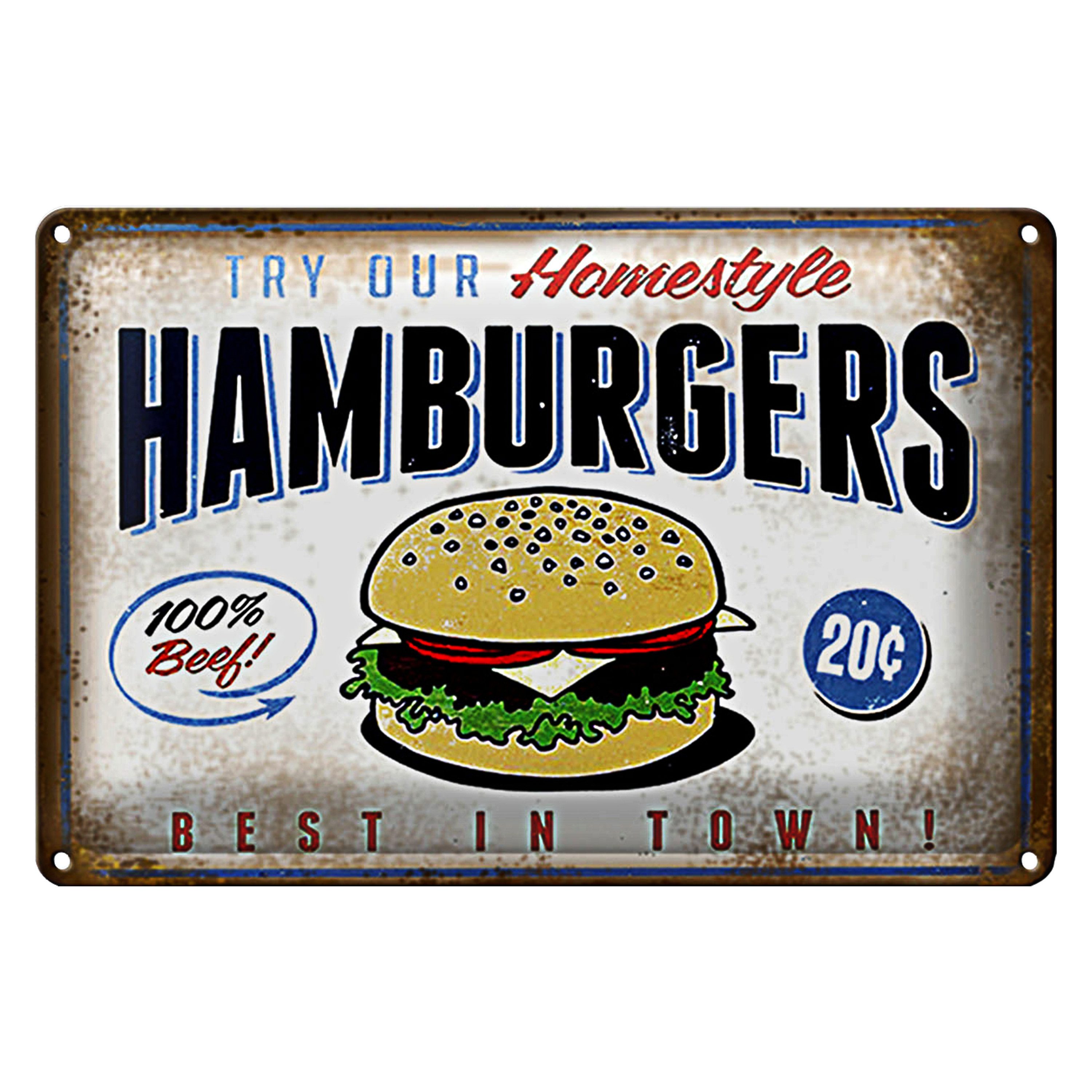 Roomando Metallschild Spruch 18x12cm Hamburger best in town 100% Beef