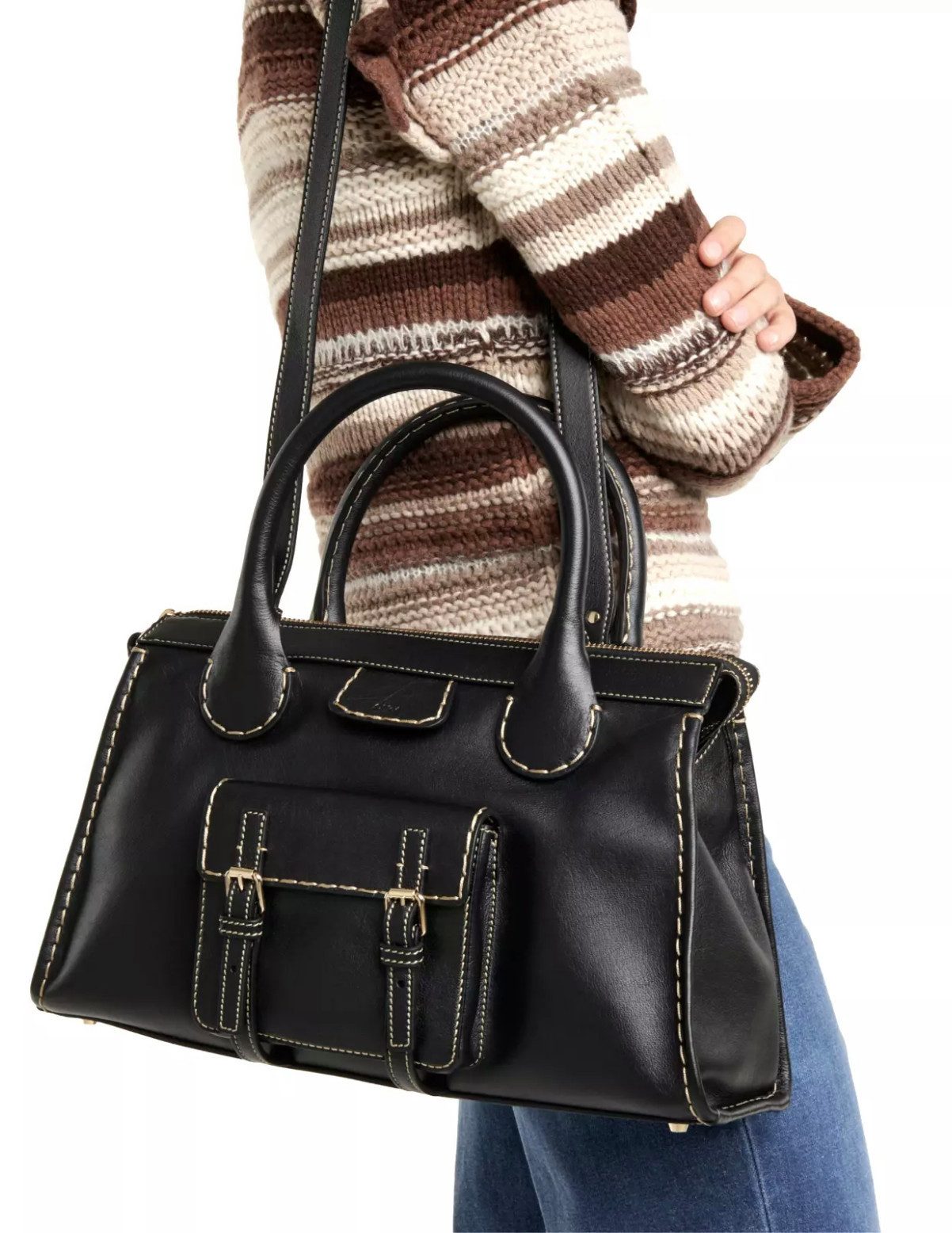 Chloé Schultertasche Edith Ledertasche Shopper Tote Bag, Kontrastierende Ziernähte, Hommage an die 70er Jahre