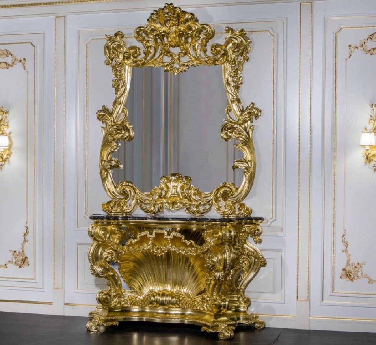 Restaurant Wandspiegel Spiegel Gold in mit Möbel Italy Möbel Luxus Made Padrino Hotel Barock - Qualität Barockspiegel / Schloss Schwarz Set handgeschnitzter mit - Prunkvoller Konsole Casa - Konsolentisch Luxus -