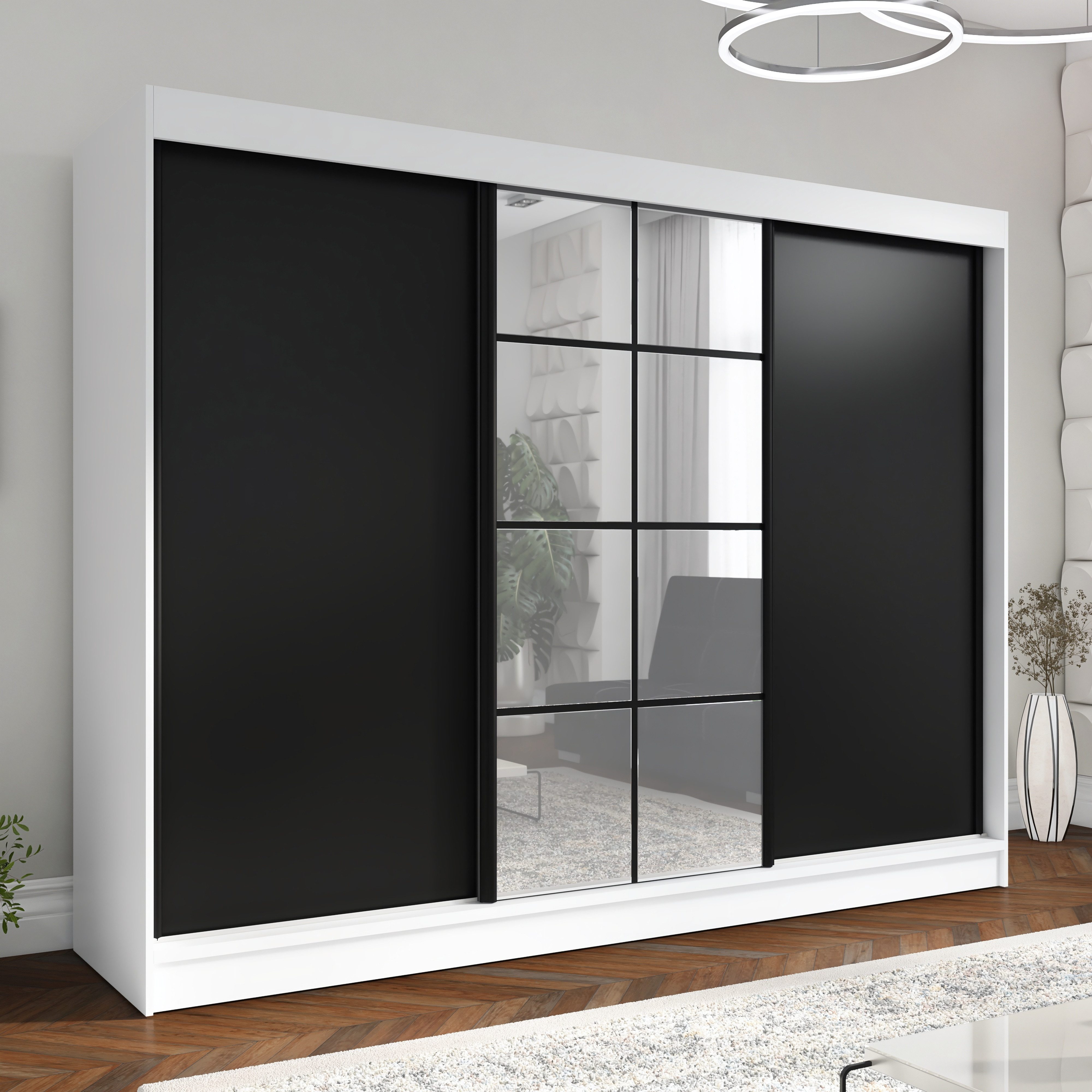 A&J MöbelLand GmbH Schiebetürenschrank ORAVELLE 3-türiger Kleiderschrank mit Spiegel, 4 Schubladen (TOP ANGEBOT! Geräumiger Schrank mit einer Breite von 200 cm und Spiegel, ideal zur Aufbewahrung von Kleidung und Accessoires. 4 Schubladen gratis und viel Stauraum. TOP PRODUKT! Wählen Sie das ideale Modell für Ihr Schlafzimmer!, Gratis 4 Schubladen – Katalogpreis der Schubladen 219 Euro) Breite: 200 cm, Höhe: 215 cm, Tiefe: 59,5 cm