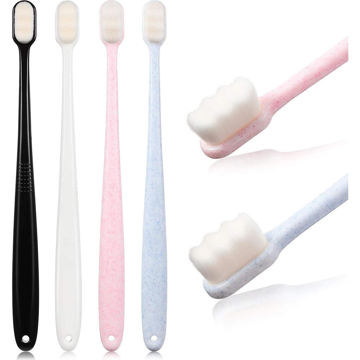 LuxusKollektion Zahnbürste 4 Stück Extra Weiche Nano-Borsten Zahnbürsten-Set Blau Weiß Rosa Beige