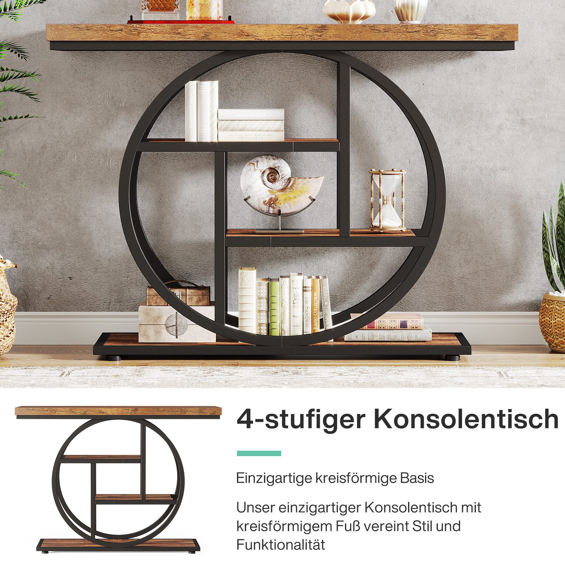 Tribesigns Konsolentisch industrieller Sofatisch mit 4 Ablageflächen für Wohnzimmer 105x30x80cm (1 x Vintage Konsolentisch - 1 x Zubehörbeutel - 1 x Anleitung), Metallgestell, schmaler Flurtisch