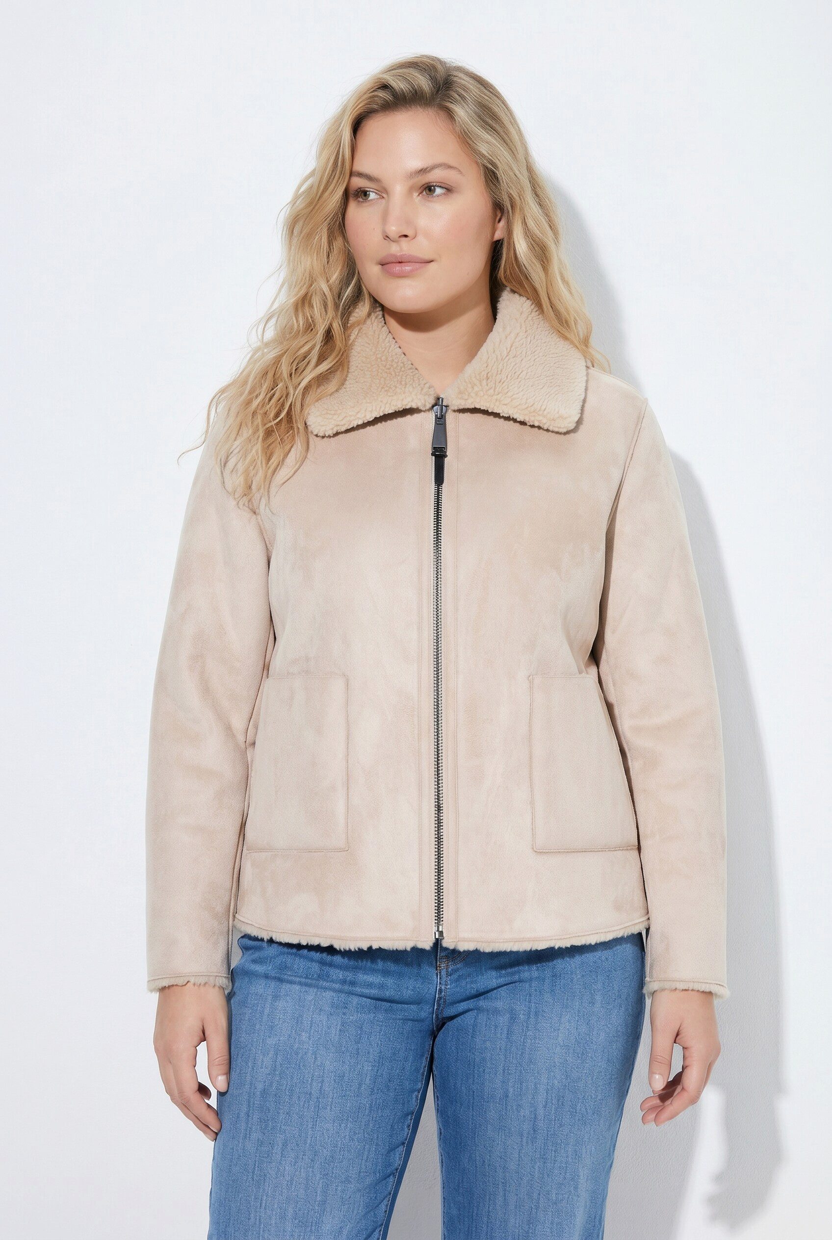 Ulla Popken Wendejacke Wendejacke Teddy/Kunstleder Hemdkragen Langarm