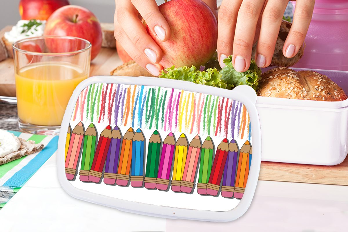 Brotbox und MuchoWow für Muster Regenbogen, Kinder weiß Kunststoff, Jungs - (2-tlg), Lunchbox für - und Mädchen Farbstift Brotdose, Erwachsene,