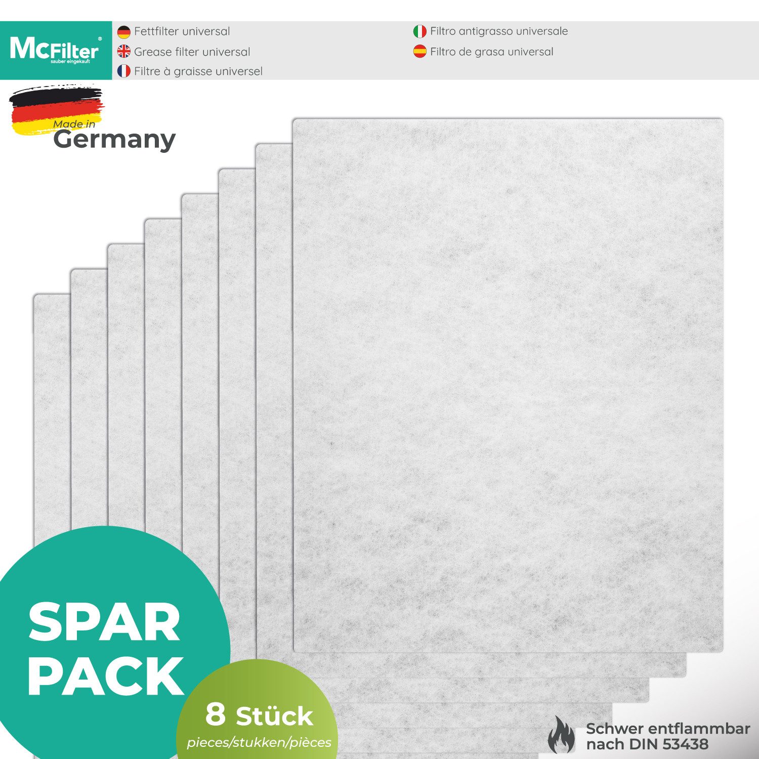 McFilter Fettfilter (8 Stück) Universal Dunstfilter Filter 57 x 47cm, Zubehör für alle handelsüblichen Dunstabzugshauben, extra speicherfähig, zuschneidbar, Schwer entflammbar nach DIN 53438