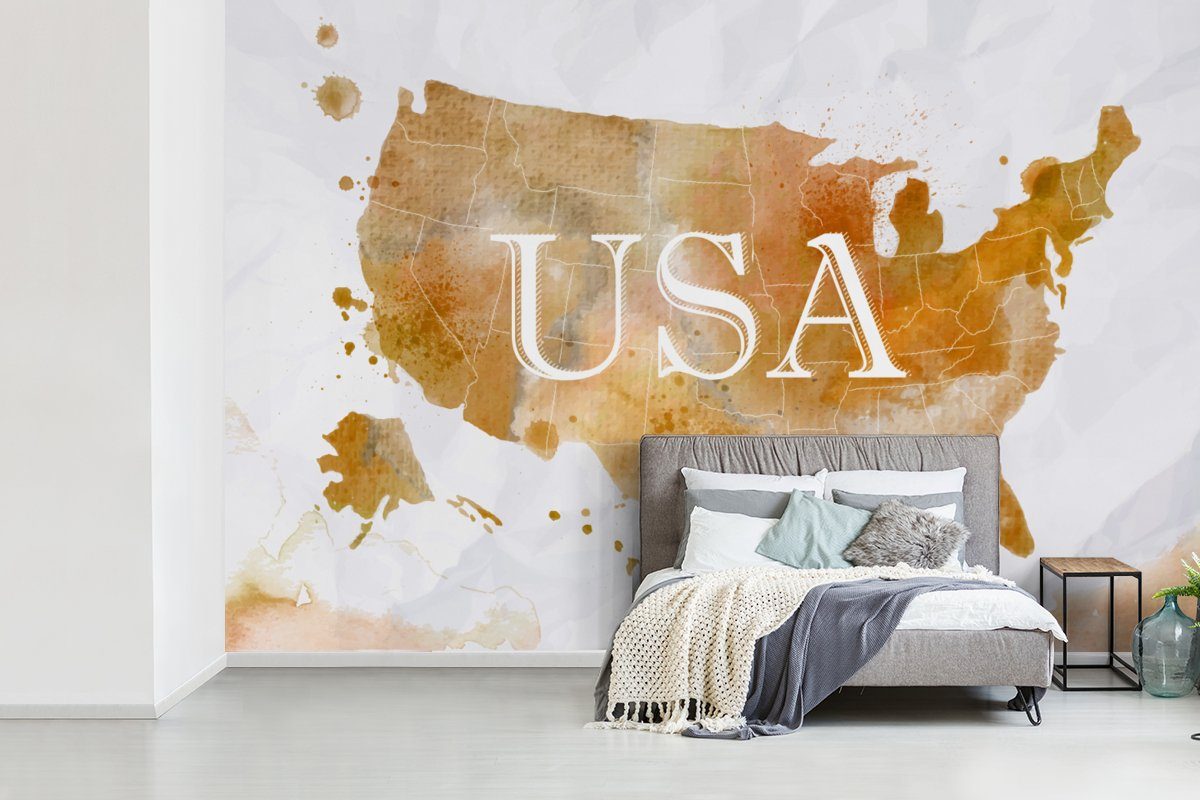 MuchoWow Fototapete Vereinigte Staaten - (6 Weltkarte Wohnzimmer, für St), Matt, Vinyl Ölfarbe, Wallpaper Kinderzimmer, Tapete Schlafzimmer, - bedruckt
