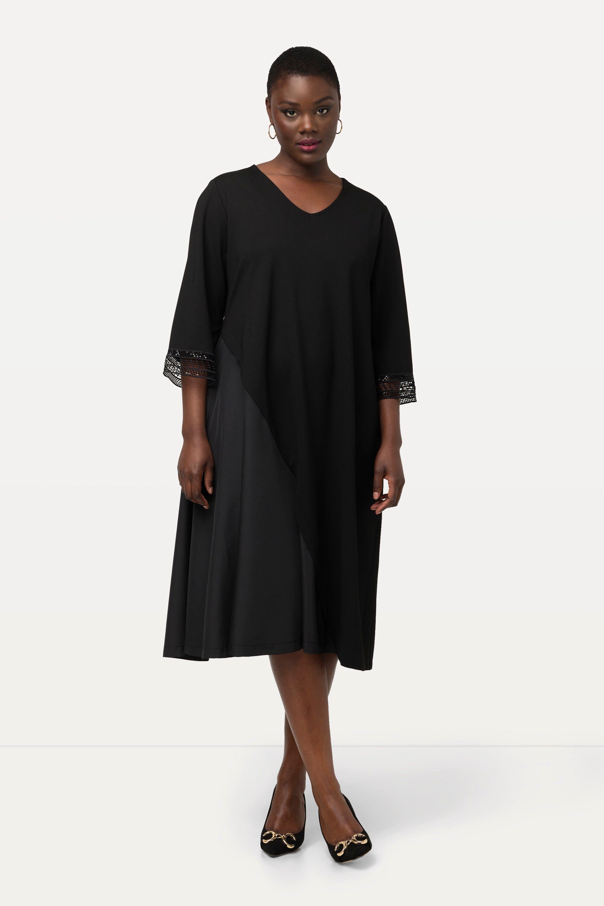 Midikleid Jersey-Midikleid Tafteinsatz V-Ausschnitt 3/4-Arm