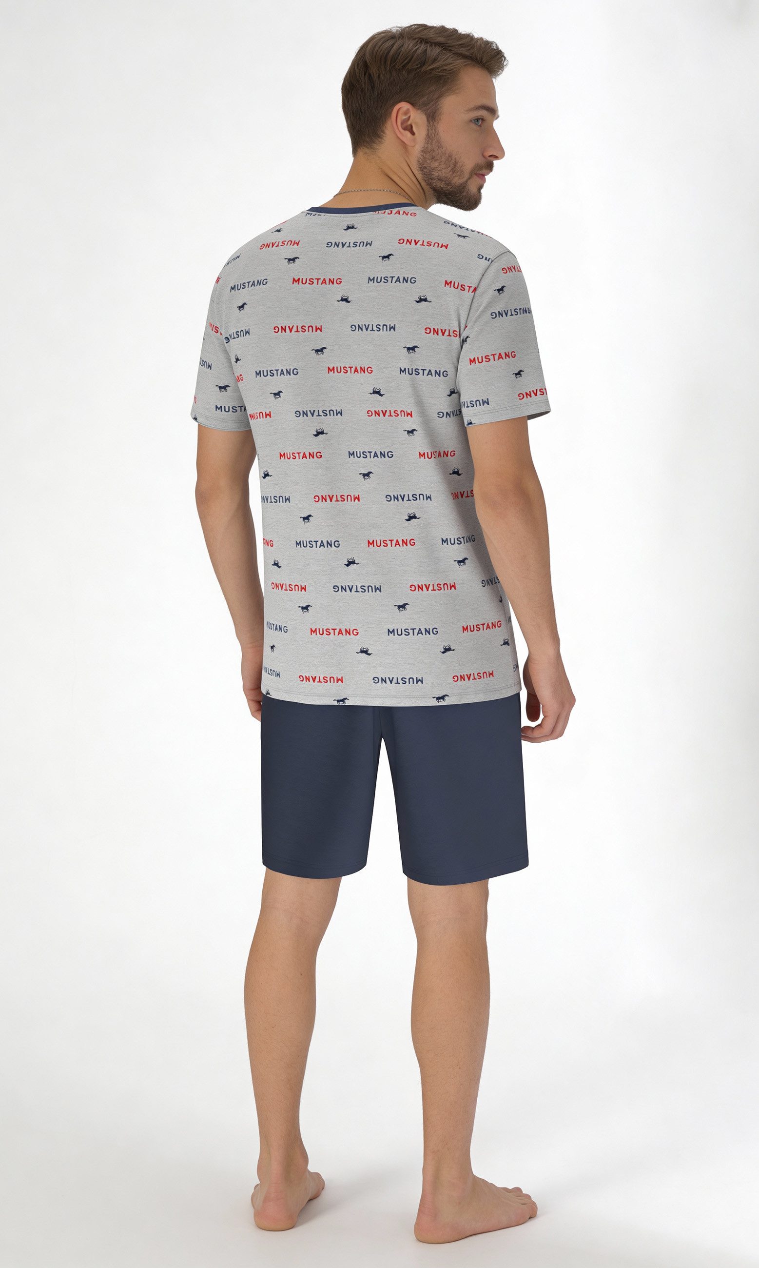 MUSTANG Schlafanzug ERIK Short-Set T-Shirt Short kurze Hose Pyjama Schlafkombi Nachtwäsche (2 tlg) Oberteil Alloverprint graumelange, Short navy